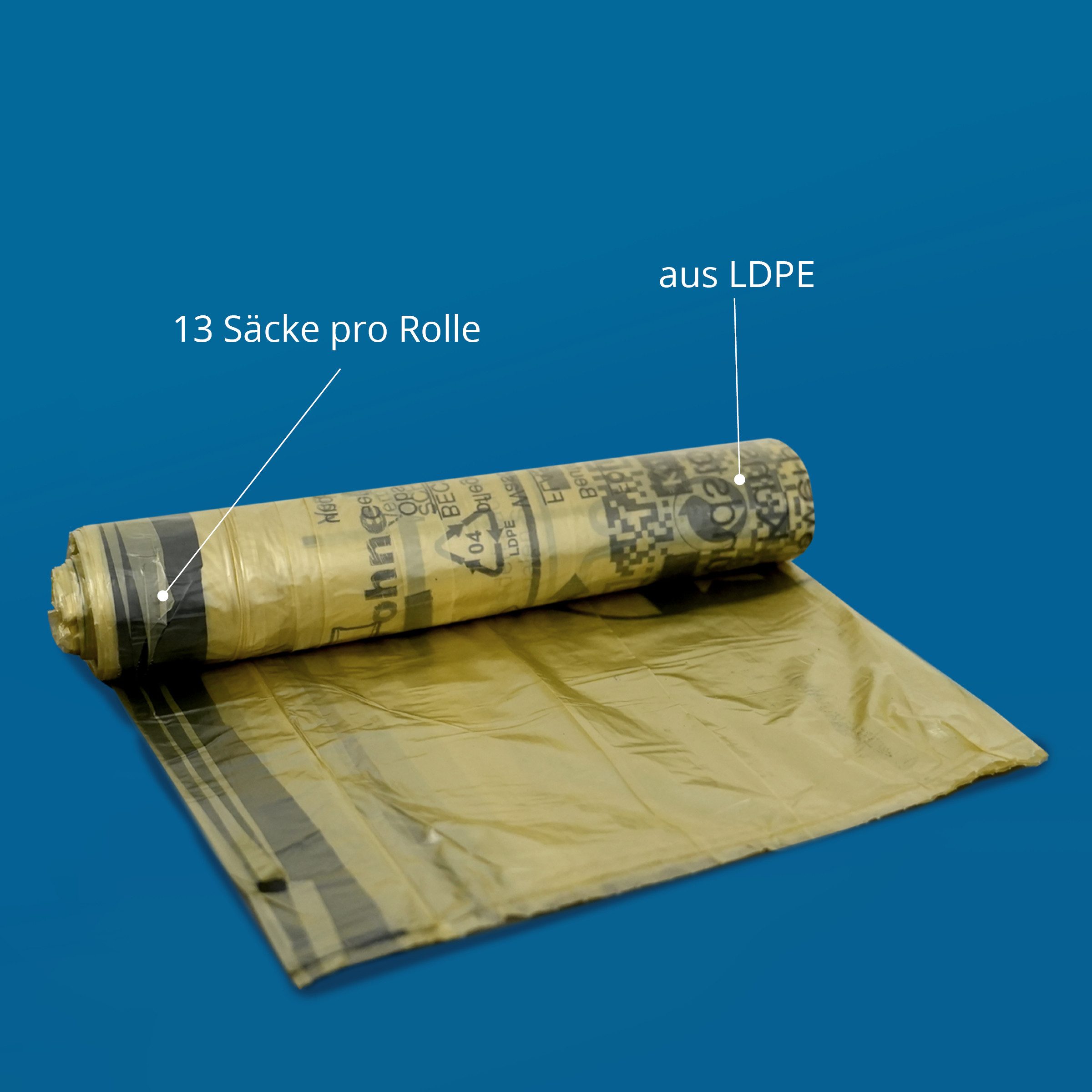 Hypafol Müllbeutel 90 Liter, Gelbe Säcke, extra reißfest & dehnbar, 22 µ, 5 Rollen à 13 Säcke