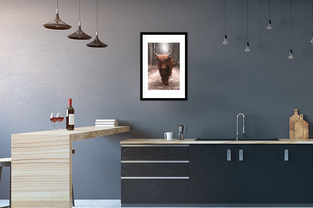 Gerahmtes (1 Rahmen, - Bilderrahmen St), - Highlander Poster MuchoWow Nahaufnahme, Poster, Schottischer Schwarzem Tier Kunstdruck, mit