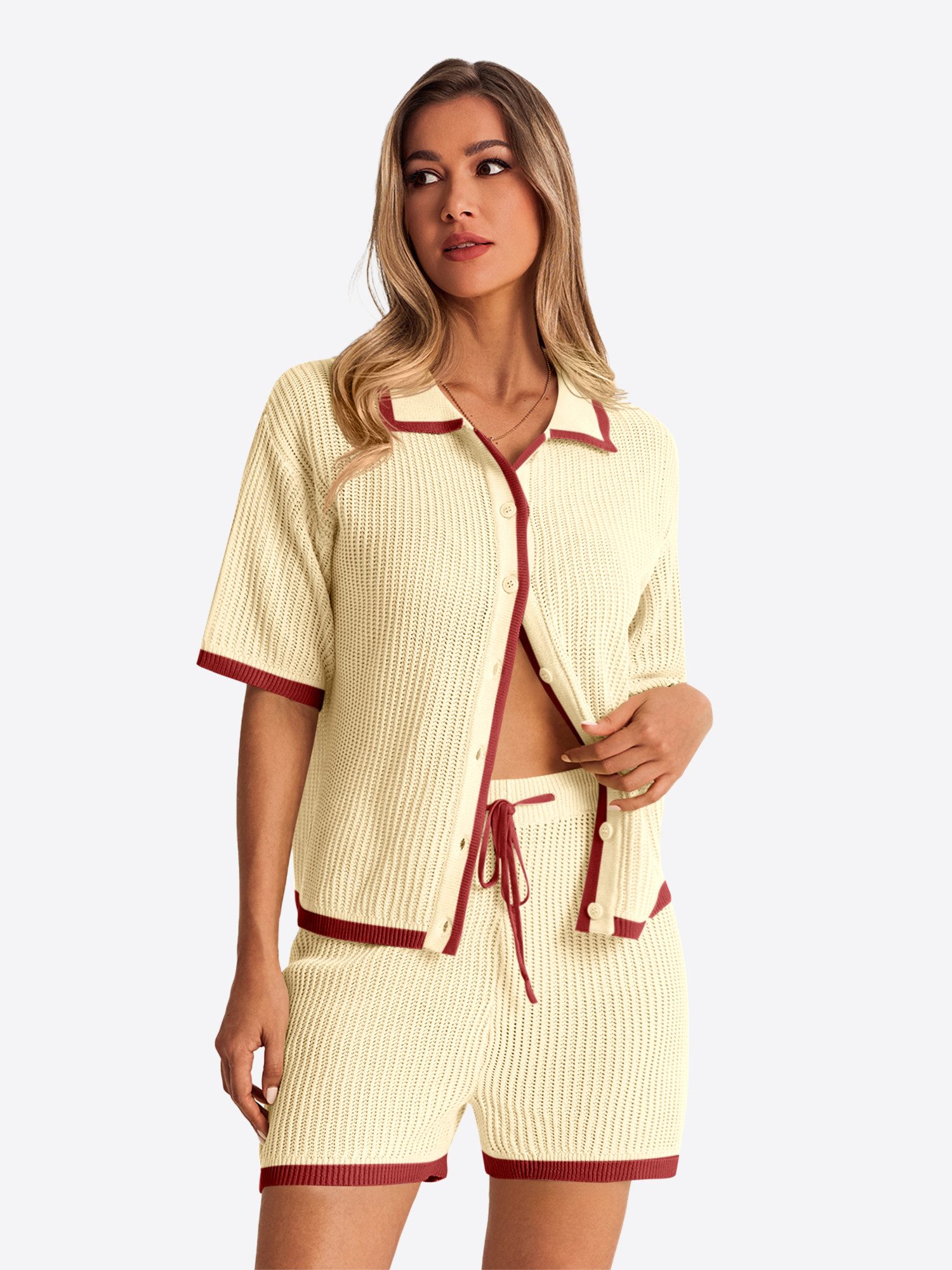 Imily Bela Hausanzug Damen Häkel 2-teiliger Set (Set, 2 tlg., Strickjacke + Shorts) Kontrastfarbige Details