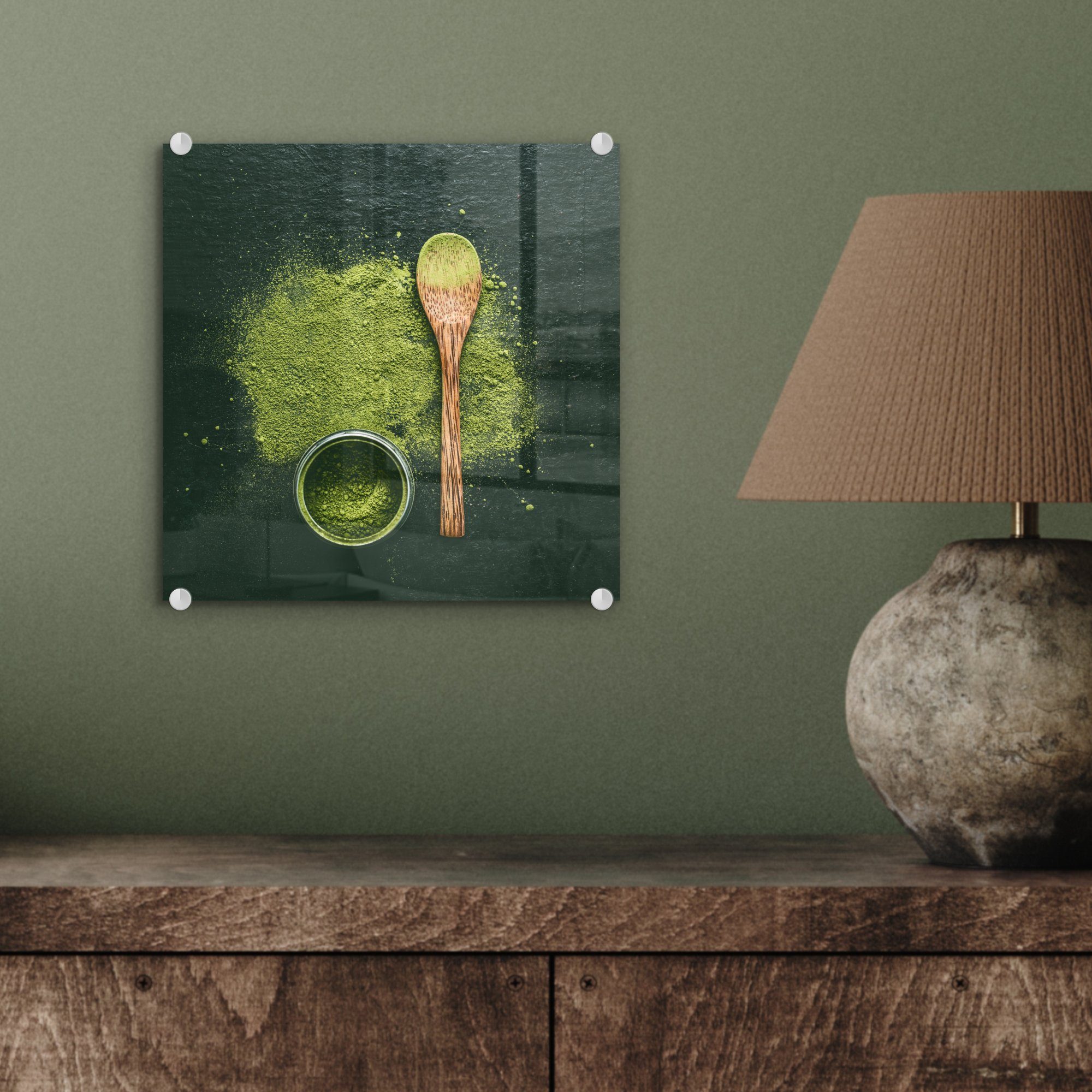 - grünem - St), (1 Glasbilder MuchoWow Hintergrund, Glas Acrylglasbild auf Grünes auf Glas auf Matcha-Pulver - Wandbild Bilder Foto Wanddekoration