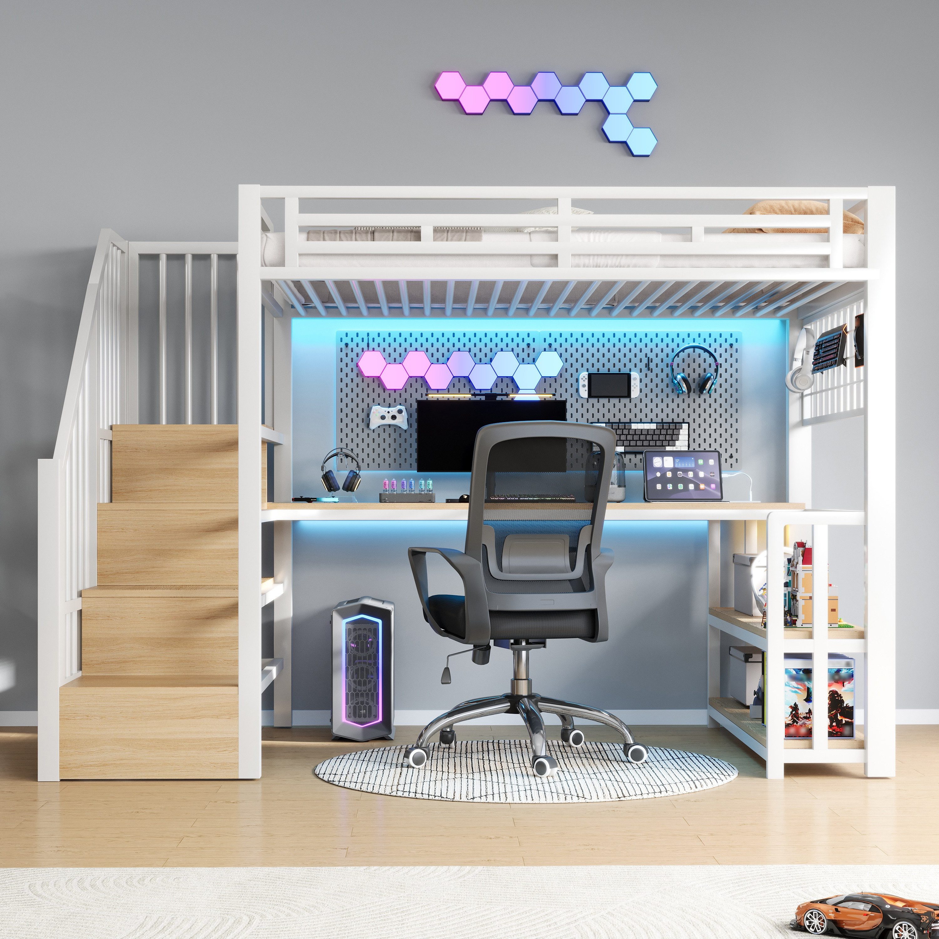 Flieks Hochbett Kinderbett Metall 90x200cm mit Lichtleiste Schreibtisch USB-Aufladen