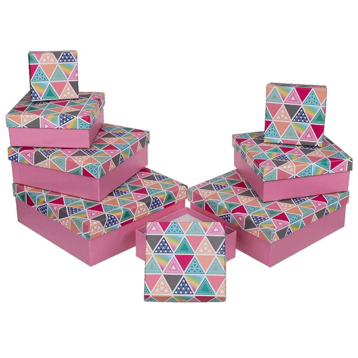 Out of the Blue Stapelbox Geschenkkarton Set mit 8 verschiedenen Größen in Rosa mit Dreiecken, mit abnehmbaren Deckel