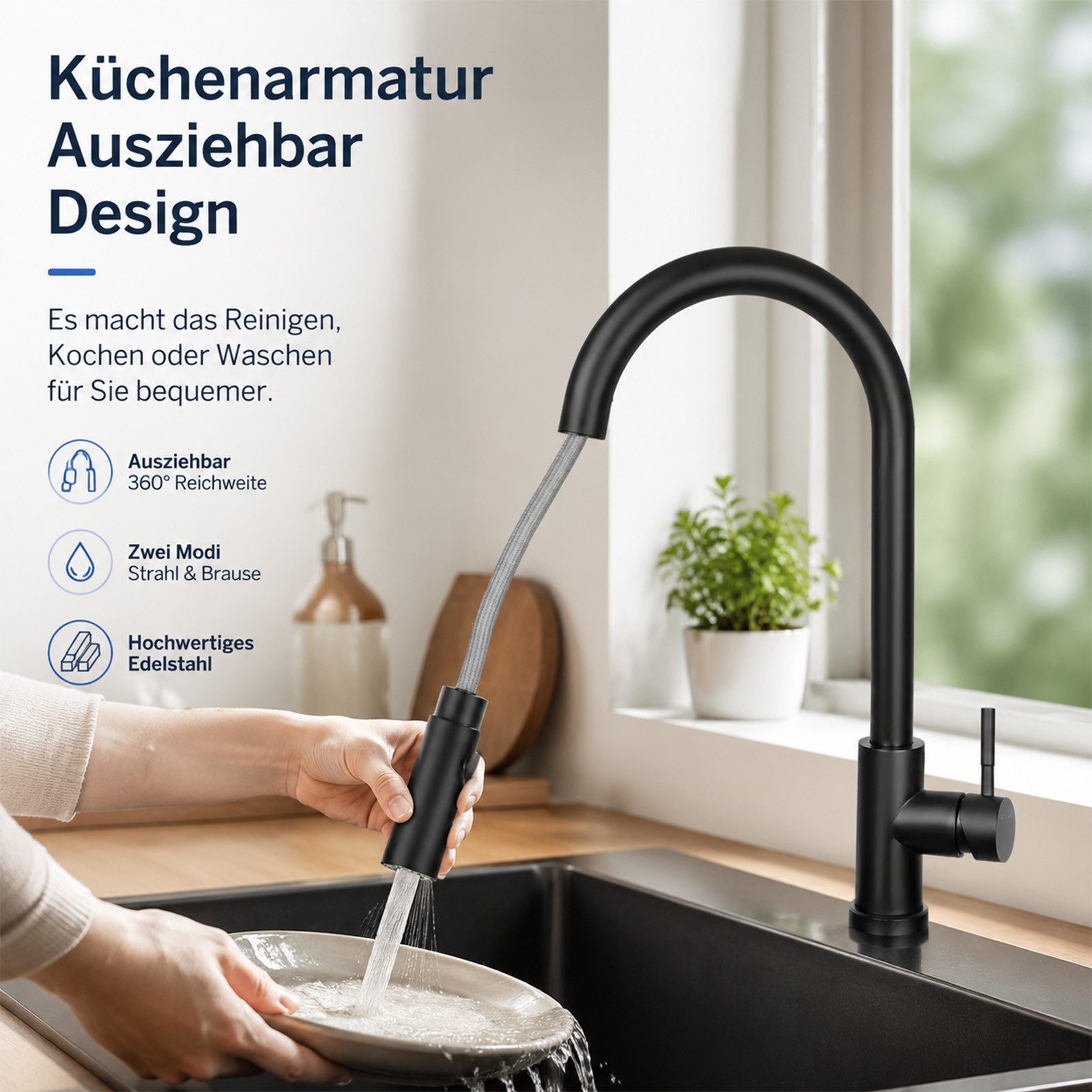 Ledklang Spültischarmatur Edelstahl 360° drehbar Ausziehbarer Brause 2 Strahlarten Küchenarmatur (1-St) für Einhebelmischer Mischbatterie Wasserhahn Küche – Bild 4 von 5