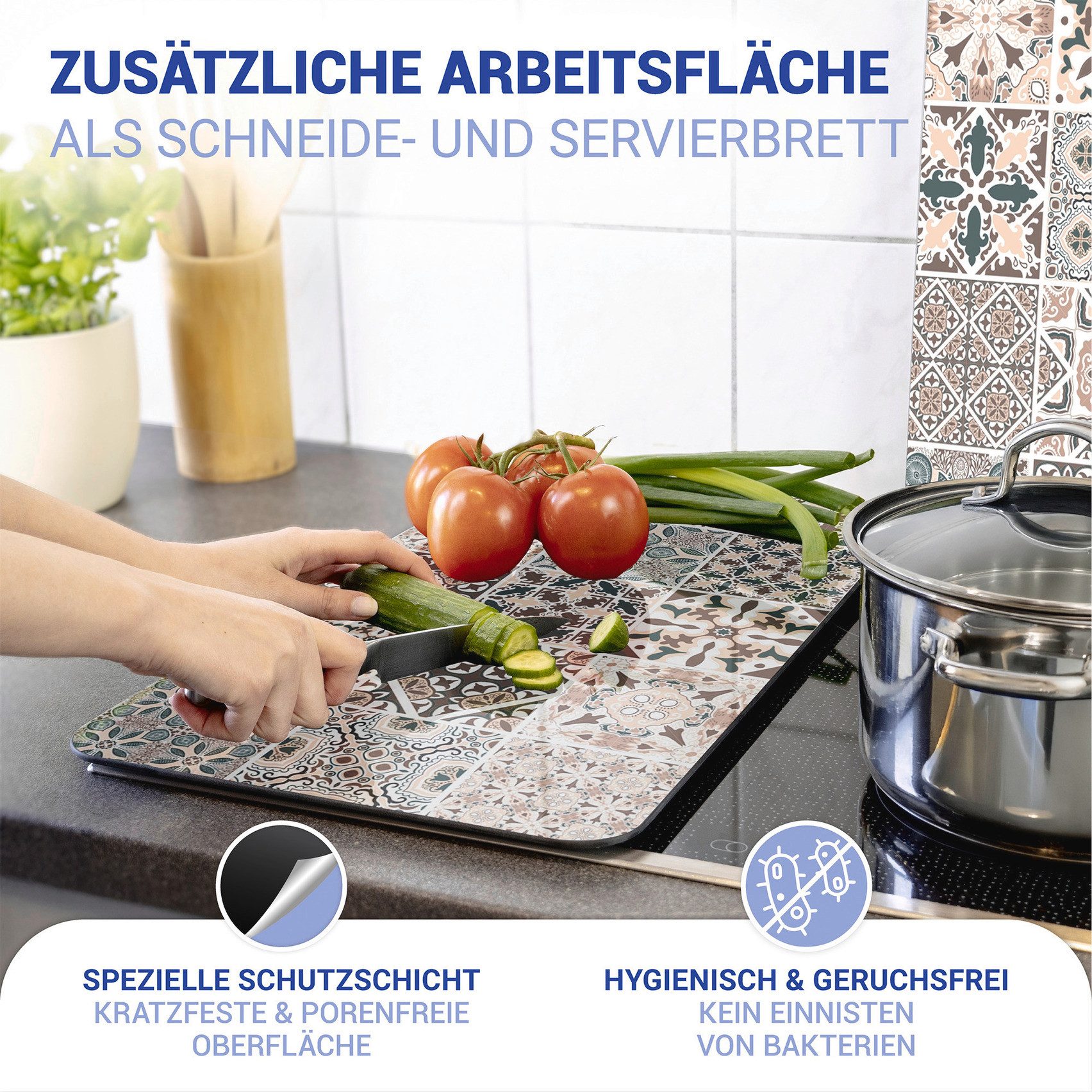 WENKO Herd-Abdeckplatte Universal Modell Kachel, Glas, Kunststoff, (2 tlg), Herdabdeckung für alle Herdarten, kratzfest, mit rutschfesten Füßen