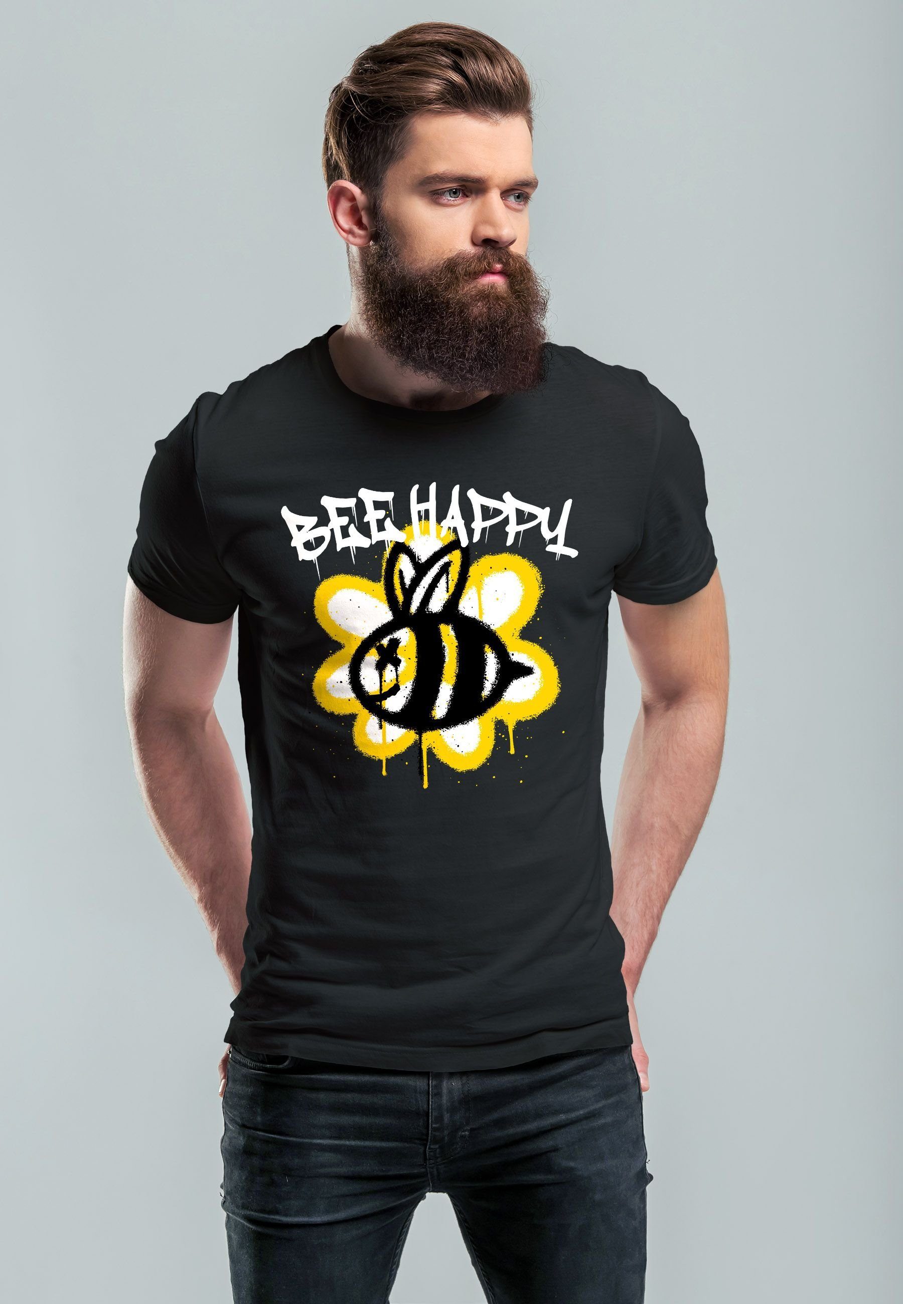 Print-Shirt Graffiti Neverless Print schwarz Aufdruck Herren Blume Biene T-Shirt Bee Happy mit SchriftzugFashi