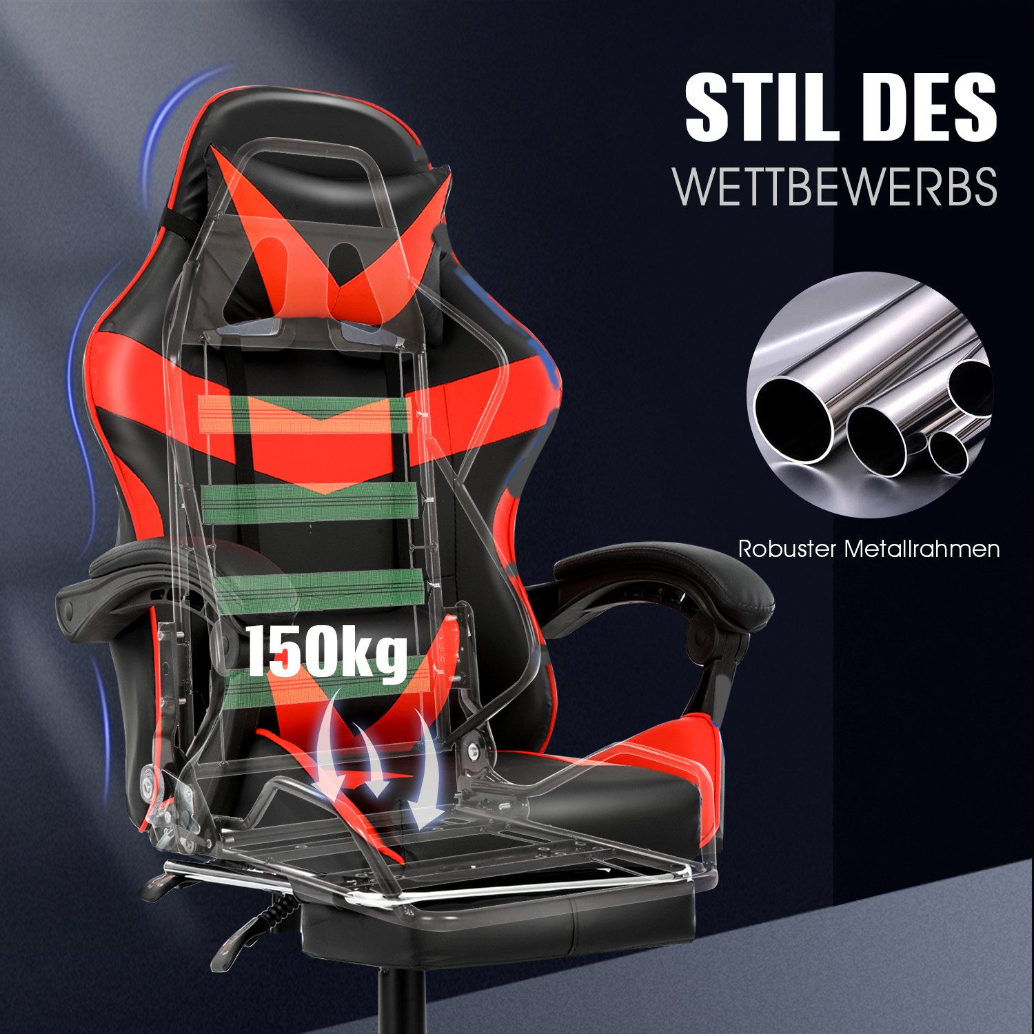 oyajia Gaming-Stuhl Ergonomischer Gaming Sessel mit Fußstütze und Kopfstütze Atmungsaktiv, mit abnehmbarem Kopfkissen, maximale Belastbarkeit 150 kg – Bild 5 von 5