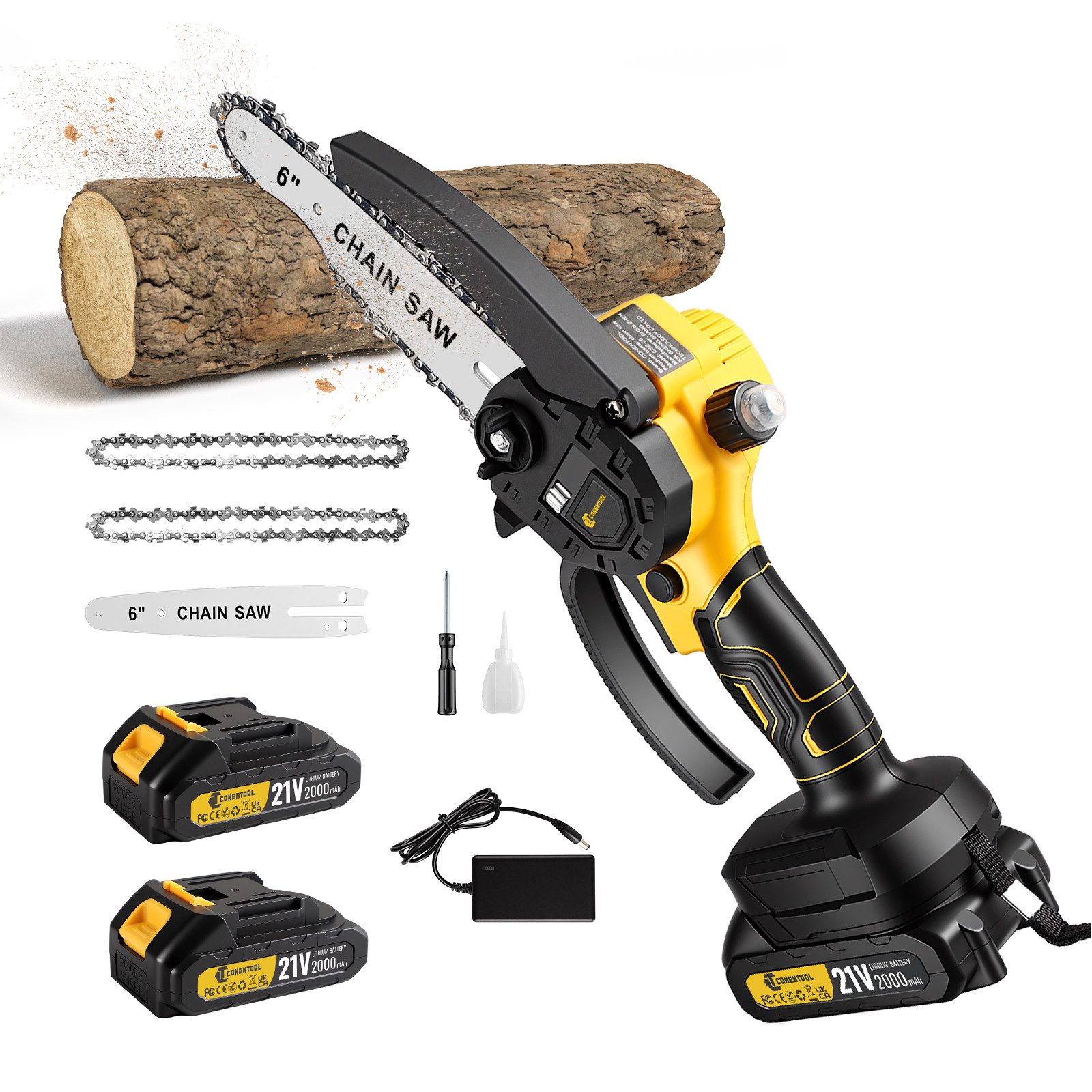 CONENTOOL Akku-Kettensäge 6 Zoll Mini Kettensäge, 15 cm Schwertlänge, mit 2×21V/2,0Ah Akku, Mehrfacher Sicherheitsschutz, für Garten Holz und Astscheren