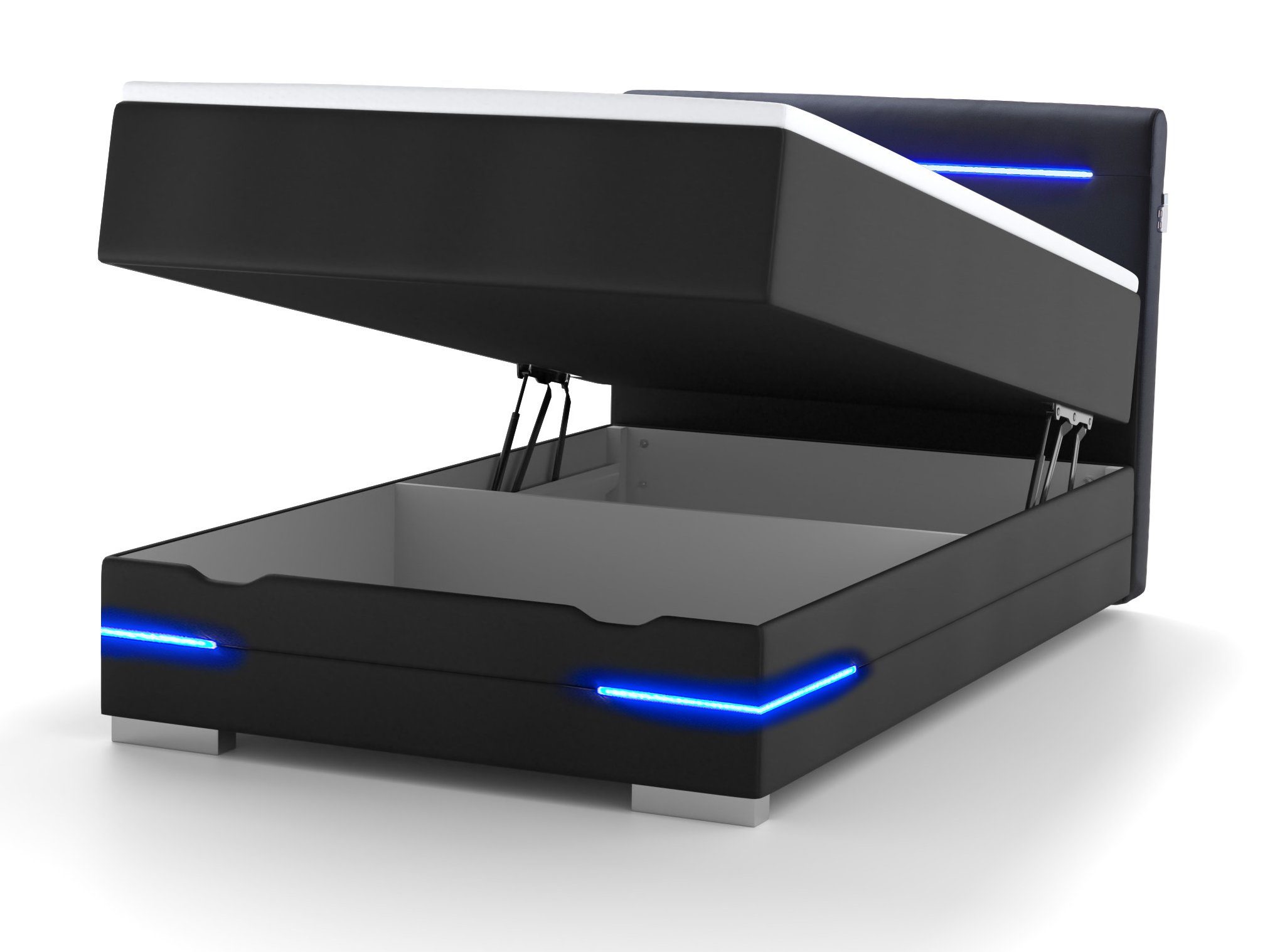 wonello Boxspringbett Dallas, inkl. LED-Beleuchtung, Bettkasten, 2x USB-Anschluss und Topper