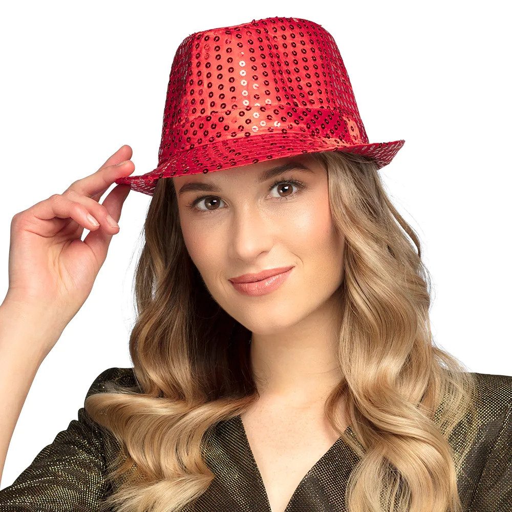 Boland Kostüm Pailletten-Hut glitzernd Popstar Hut rot für Karneval Disco Party, farbenfrohes Basic-Accessoire für Karneval, Disco und Festivals