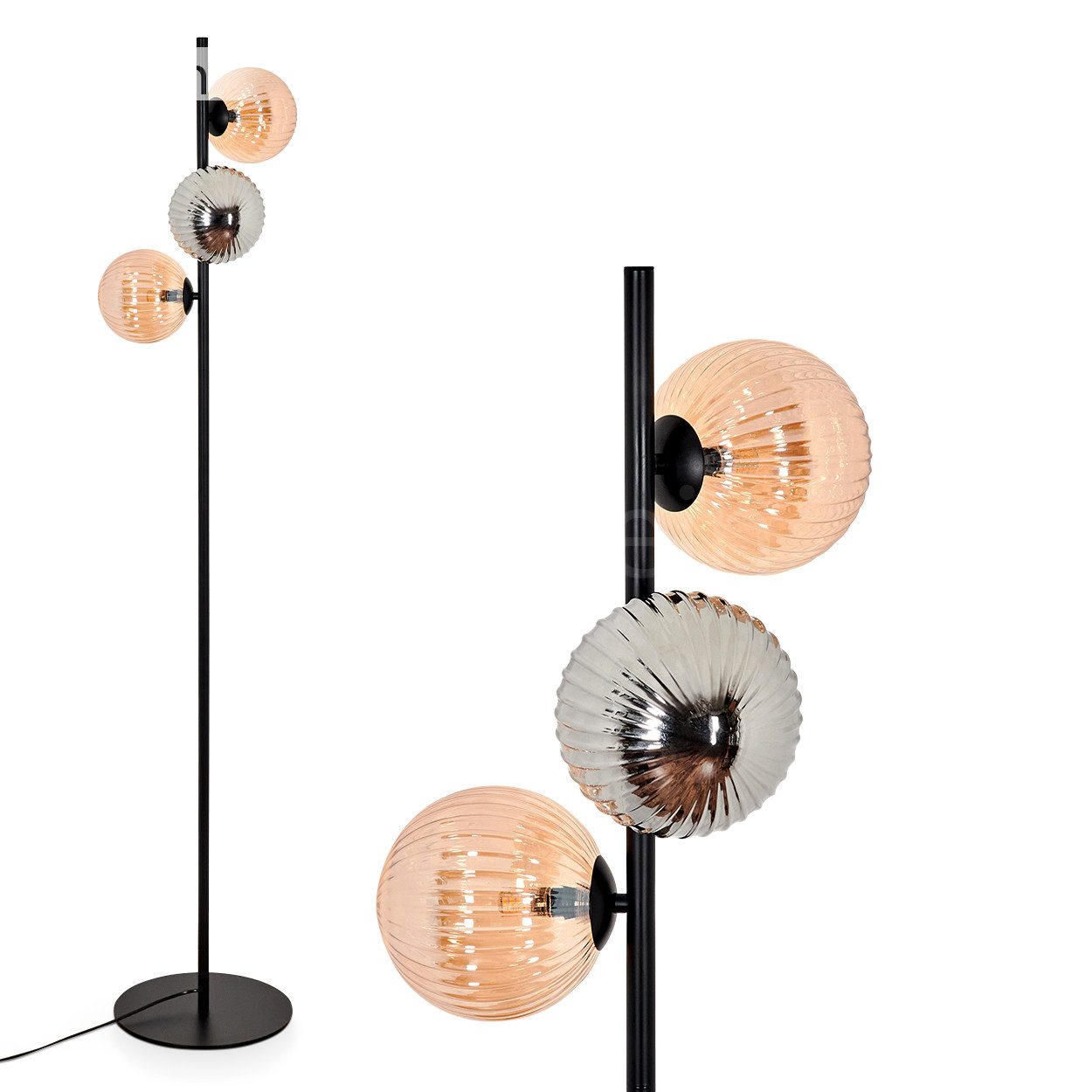 Stehlampe Stehlampe aus Metall/Riffelglas in Schwarz/Rauch/Bernstein