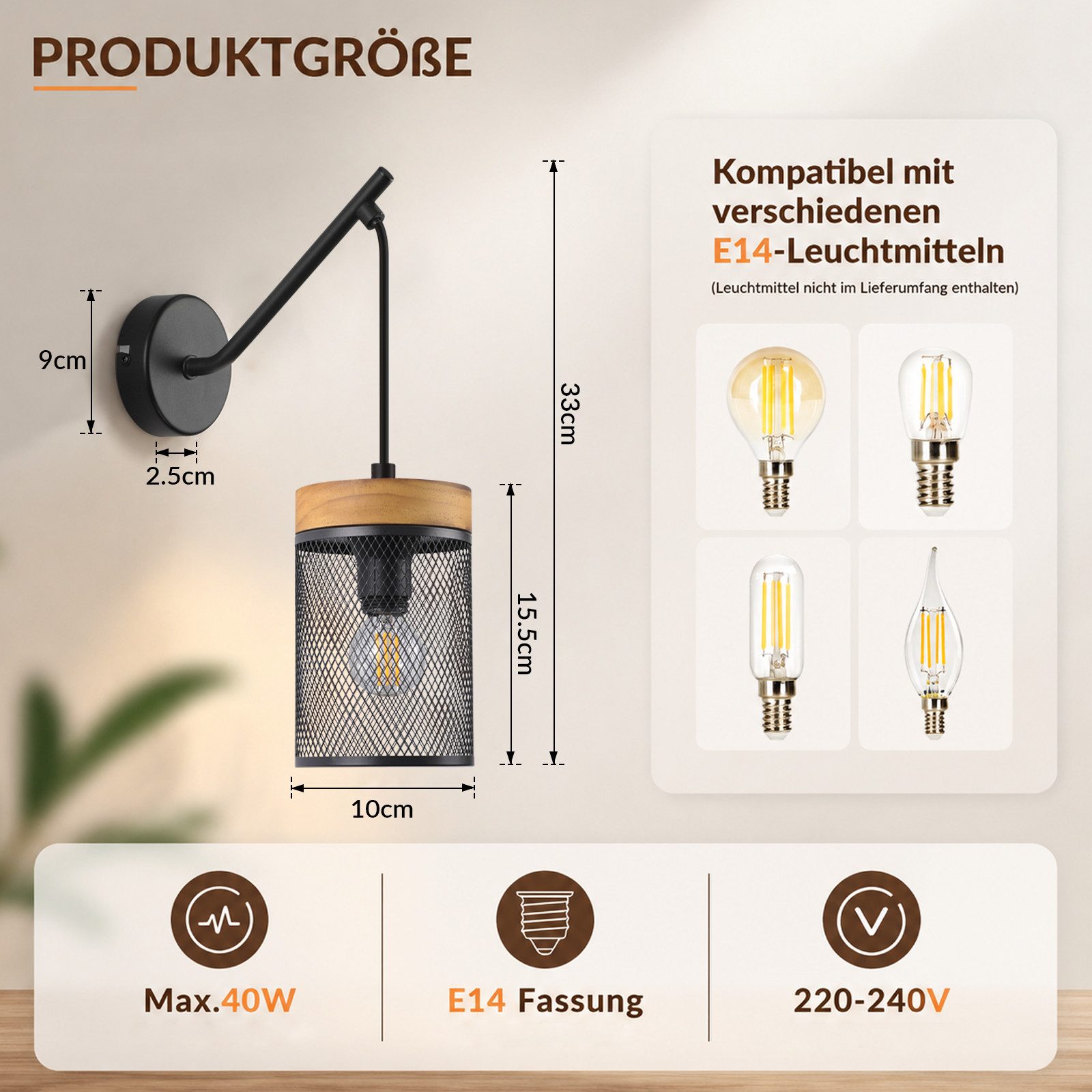 Nettlife Wandleuchte Vintage Schwarz Industrial Metall Holz E14 Gitterschirm Wandlampe, ohne Leuchtmittel, für Wohnzimmer Schlafzimmer Flur Treppenhaus Cafe Bar