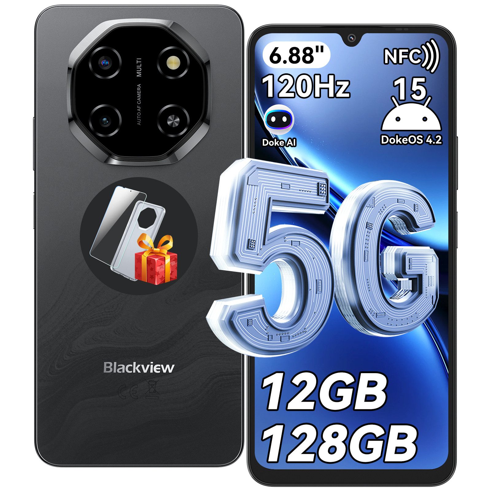 blackview Shark 6 incl.18W USB-Ladegerät 5G, 6,88‘’, AI Smartphone (128 GB Speicherplatz, 120Hz, Doke AI, 5000mAh,Unisoc T8100, Android 15)