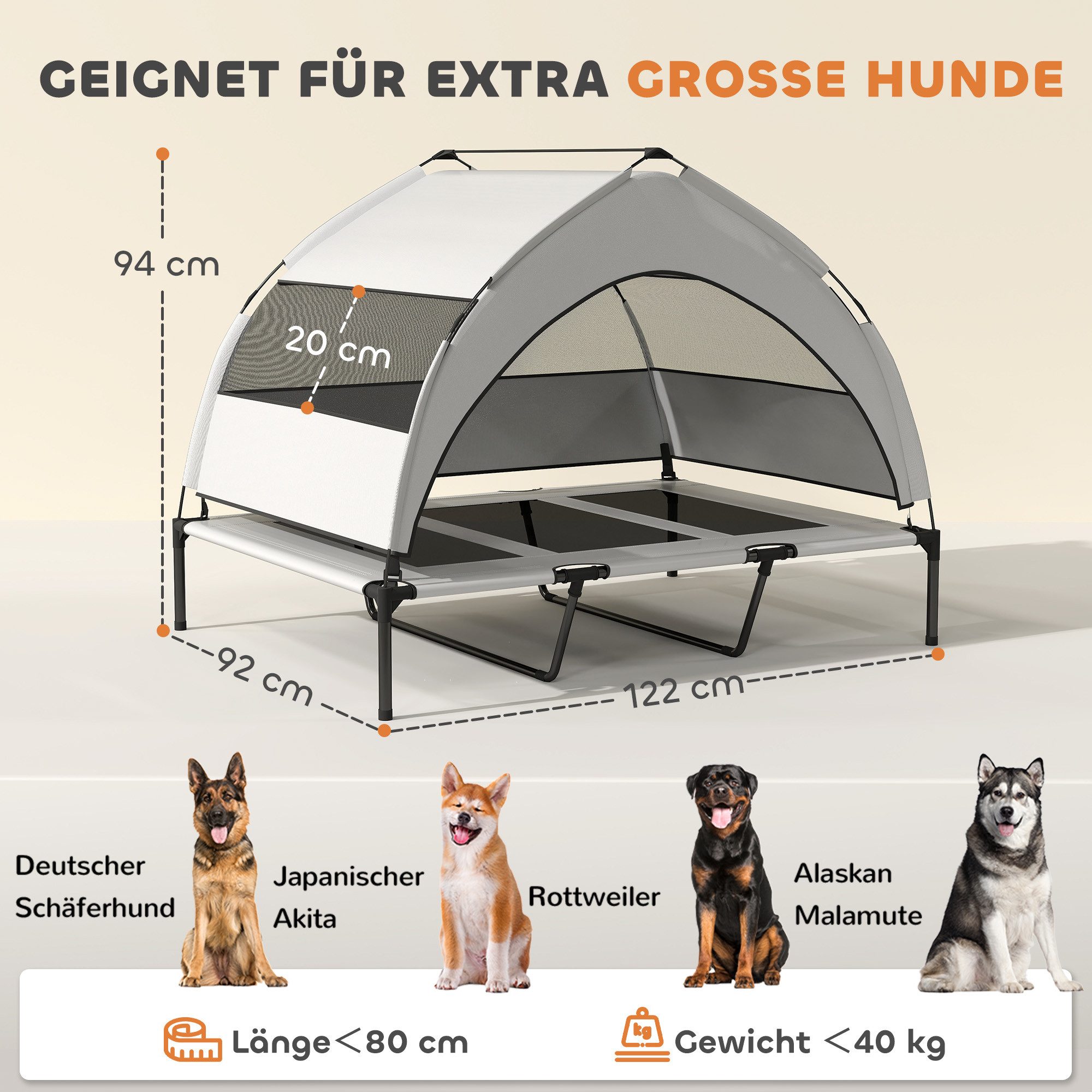 PawHut Tierbett Erhöhtes Hundebett mit Dach, Stahlrahmen, Aufbewahrungstasche, Polyester, für extra große Hunde, 122x92x94cm, Hellgrau