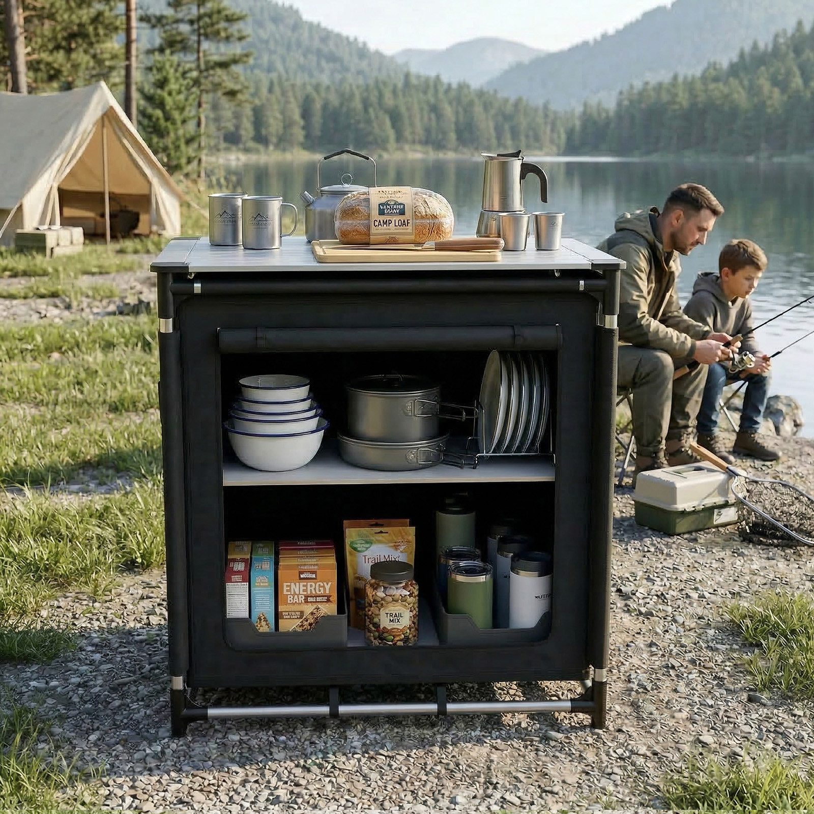 Sekey Campingschrank Faltbar Campingküche mit Aluminiumgestell und Aluminium-Arbeitsplatte Campingtisch mit 2 Fächern, leicht transportierbarer Reiseküche – Bild 5 von 5