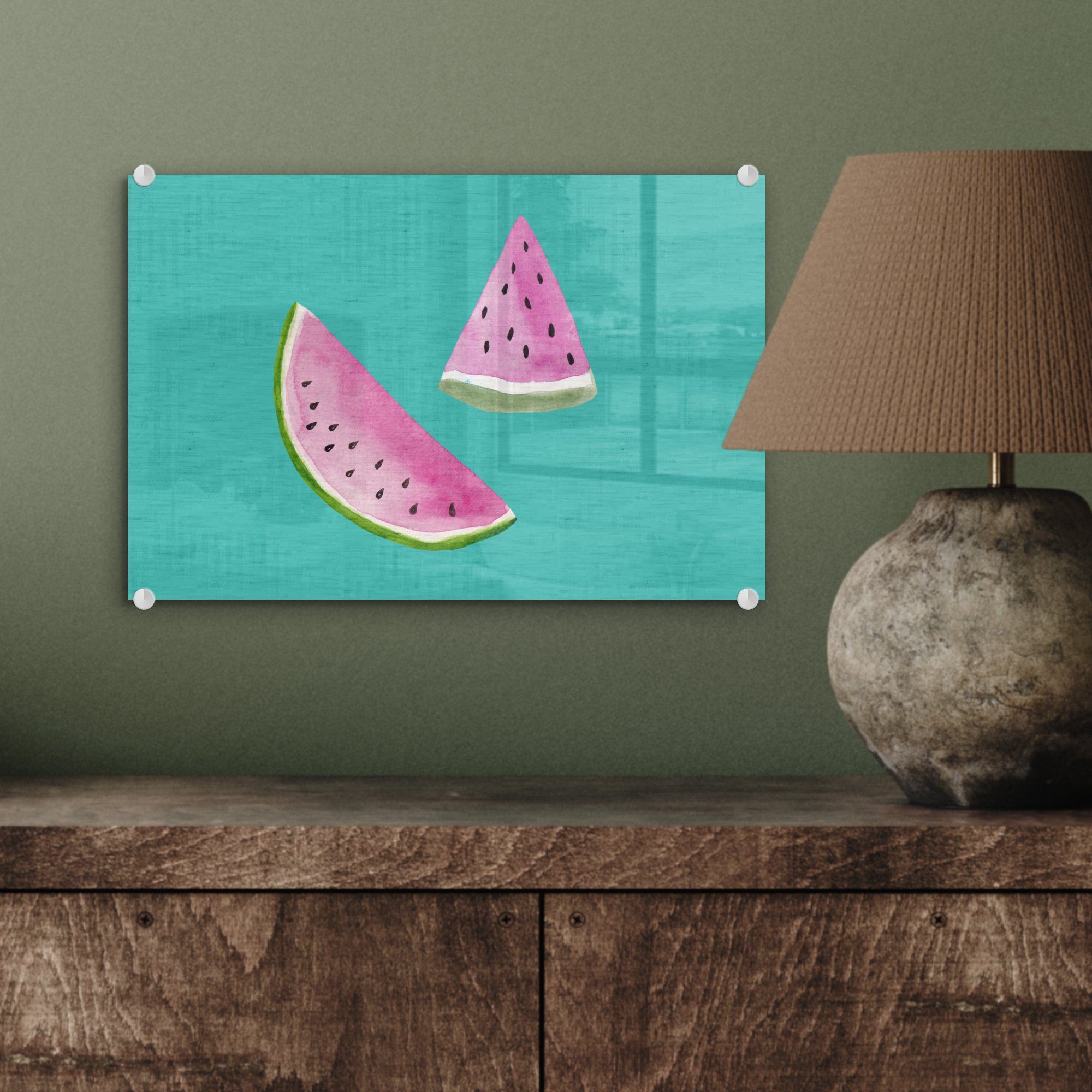 Glasbilder Wassermelone Glas - Wandbild auf Acrylglasbild Glas Wanddekoration Obst - - Bilder Blau, - - Foto MuchoWow auf (1 St),