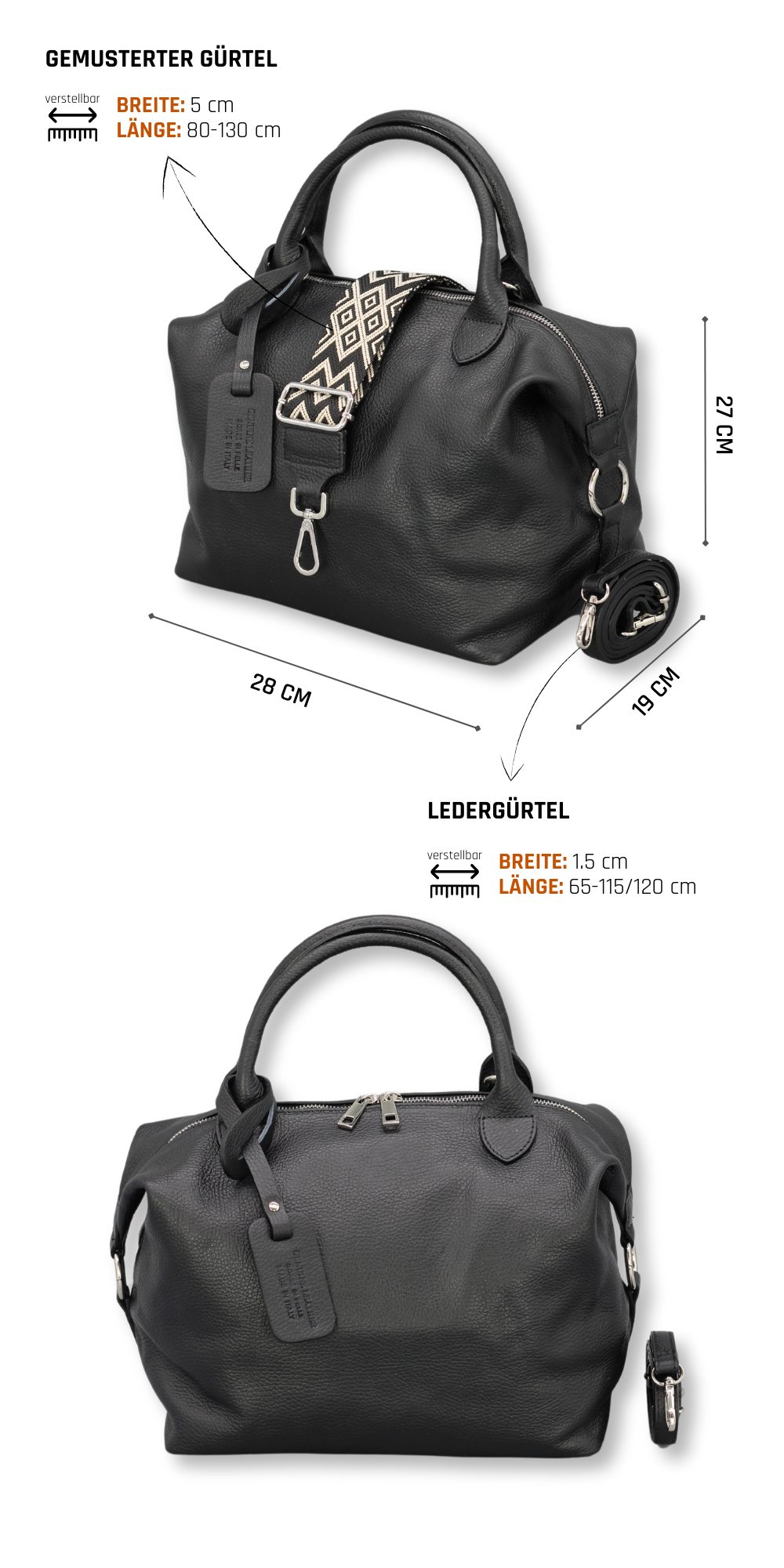 Adel Bags Schultertasche BIANCA Umhängetasche für Damen, Schultertasche Handtasche Echtleder, hergestellt in Italien, mit 2 Riemen