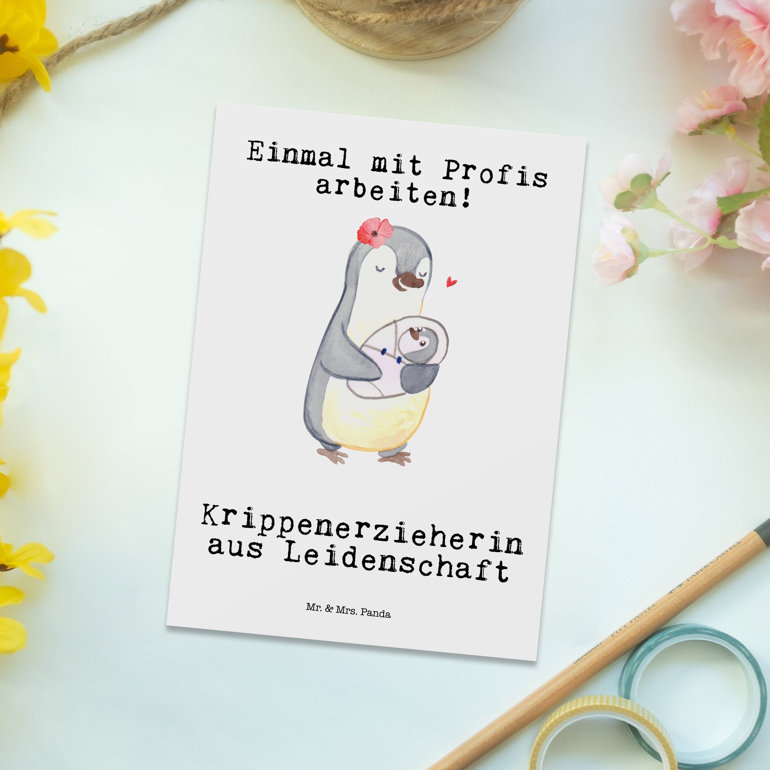 Karte, Mr. Panda - Weiß Geschenk, Postkarte Dankeska & Krippenerzieherin - Leidenschaft Mrs. aus