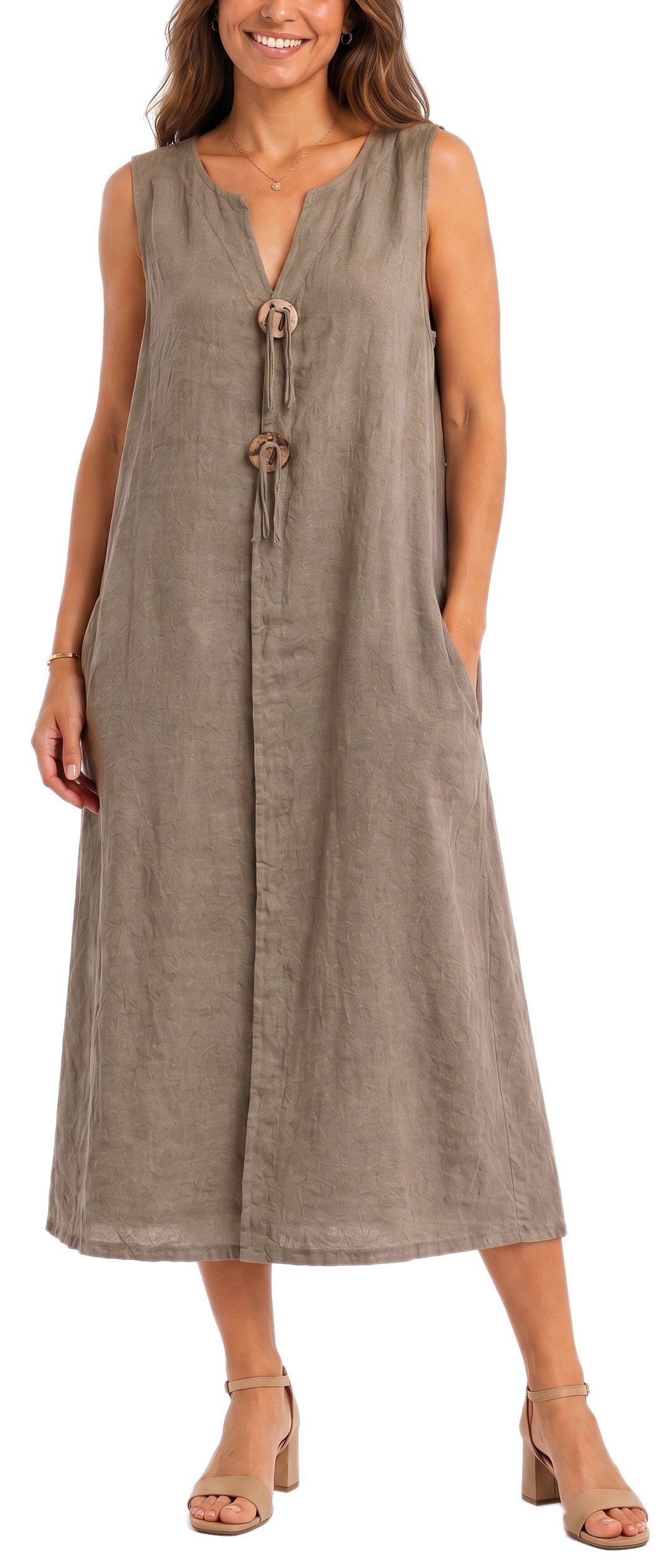 dy_mode Sommerkleid Damen Leinenkleid Luftiges Maxi Sommerkleid Strandkleid Damenkleid in Unifarbe, V-Ausschnitt, mit seitlichen Eingriffstaschen