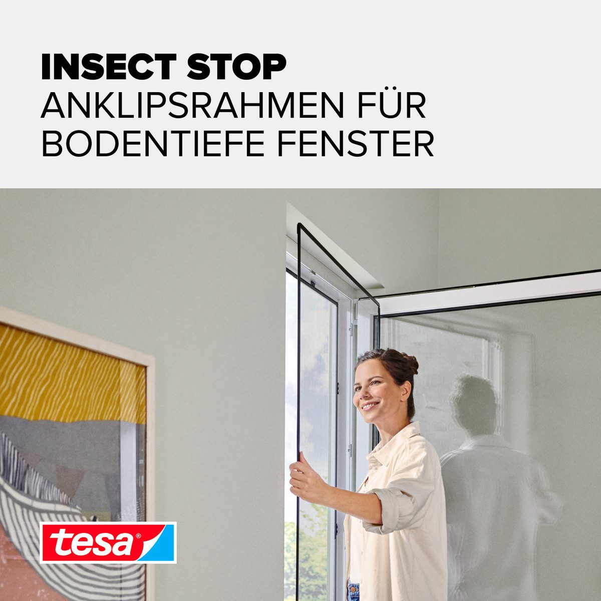 tesa Insektenschutz-Fensterrahmen Anklips-Rahmen Fliegengitter für Fenster, Anthrazit (Durchsichtig), (Packung, 1-St., inkl. Fiberglas-Netz in Anthrazit, Rahmen und Halteklip-Lösung), INSECT STOP Netz aus Fiberglas, selbstklebende Halte-Klips, 1,2x2,4m