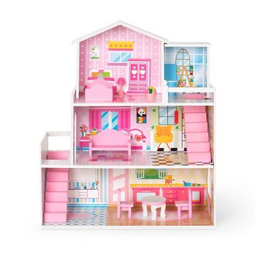 WISHDOR Puppenhaus Puppenhaus Spielset Hölzernes mit Möbeln und Zubehör Puppenhausmöbel, (Mit Schlafzimmer Wohnzimmer Esszimmer Badezimmer, 60.00(CM) x24.00(CM) x 70.00 (CM)LxWxH Pink), mit Zubehör für Puppen zwischen 7-12 cm, süßes großes Traumhaus, 3+