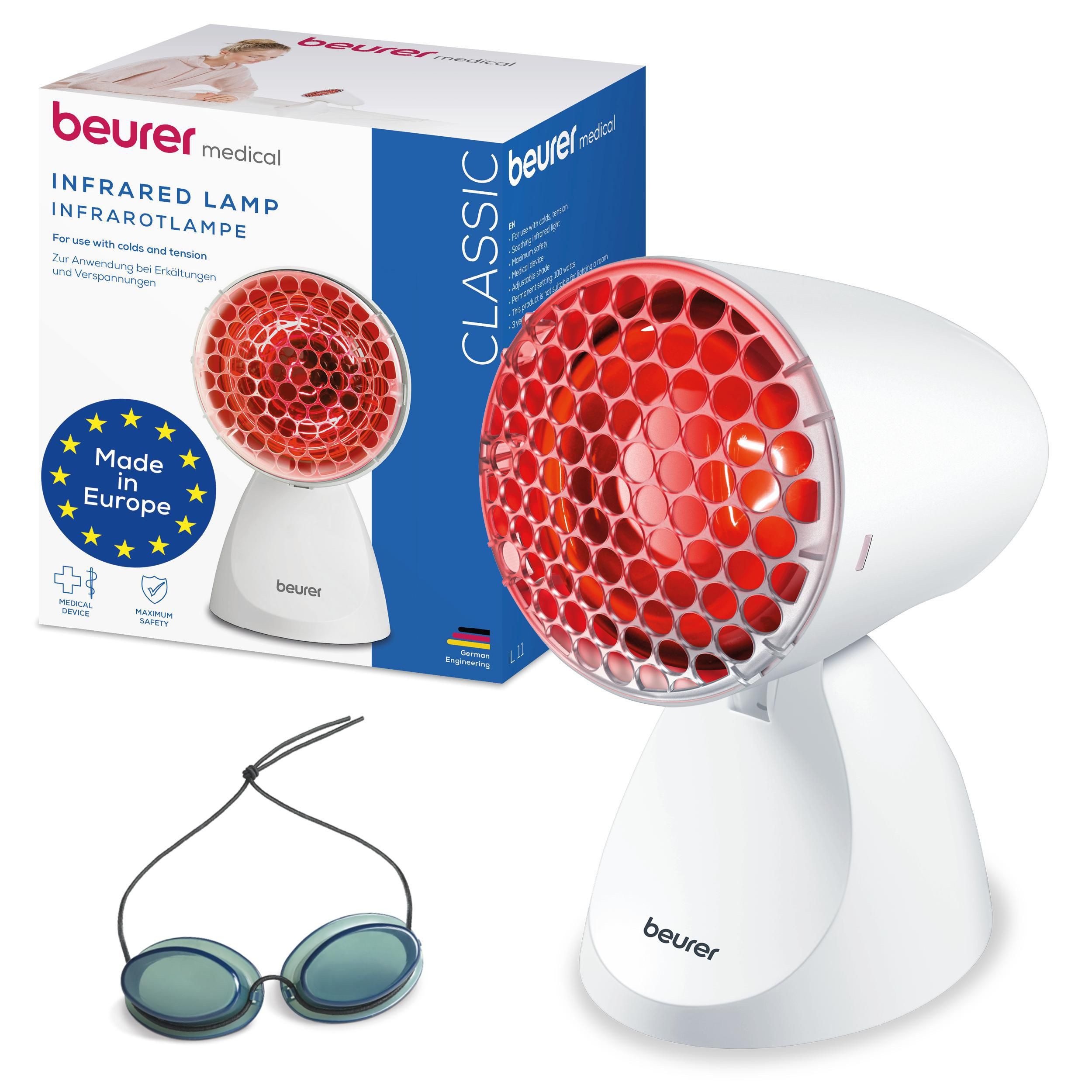 BEURER Infrarotlampe IL 11 tiefenwirksame Wärmelampe mit 100 Watt, Medizinprodukt, wohltuende Wärme bei Erkältungen und Muskelverspannungen