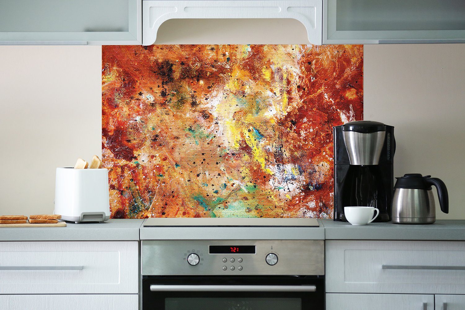 - und bunte Küchenrückwand Farbkleckse Künstlerische Leinwand Wallario Tupfer, (1-tlg)
