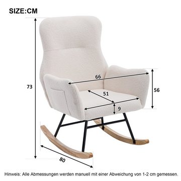 REDOM Schaukelstuhl Weißer Teddy Plüsch-Schaukelstuhl (Armlehnen mit Taschen), Massive Holzbeine - stabil und bequem