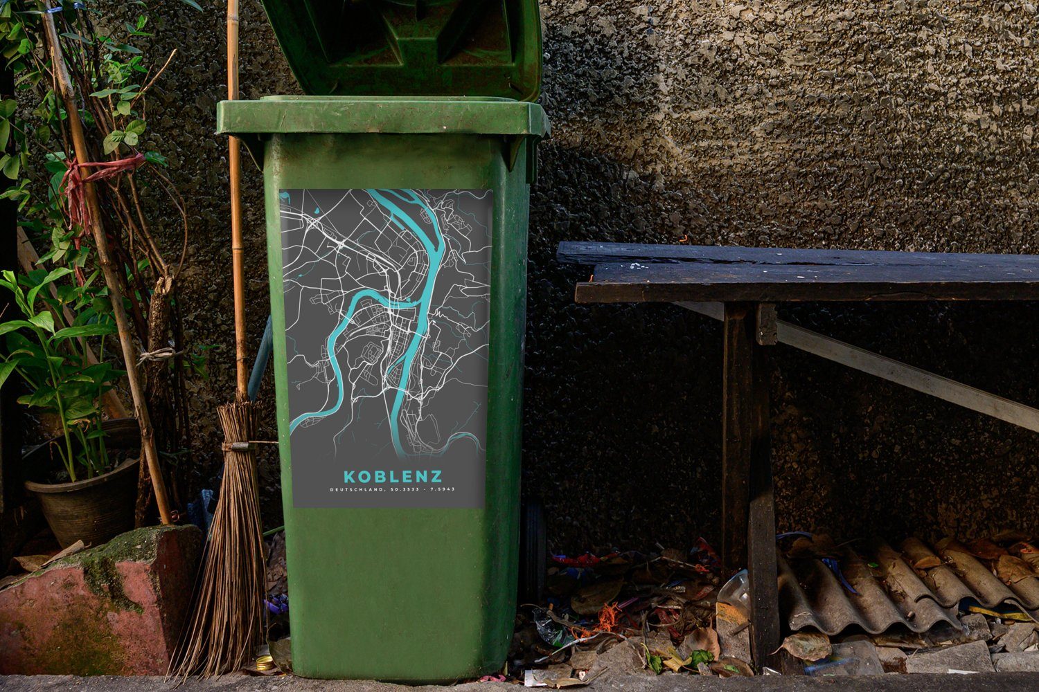 Wandsticker Container, St), Stadtplan Koblenz Karte MuchoWow Mülltonne, Blau Deutschland Abfalbehälter Mülleimer-aufkleber, - - (1 Sticker, - -