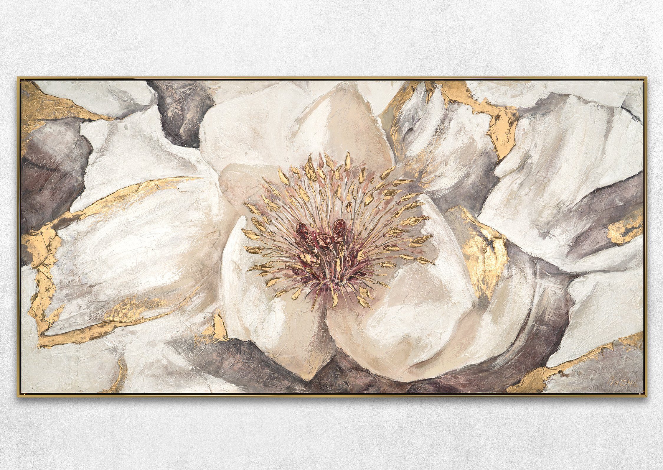 YS-Art Gemälde Malve, Blumen, Gold Weiß Blume Leinwand Bild Handgemalt
