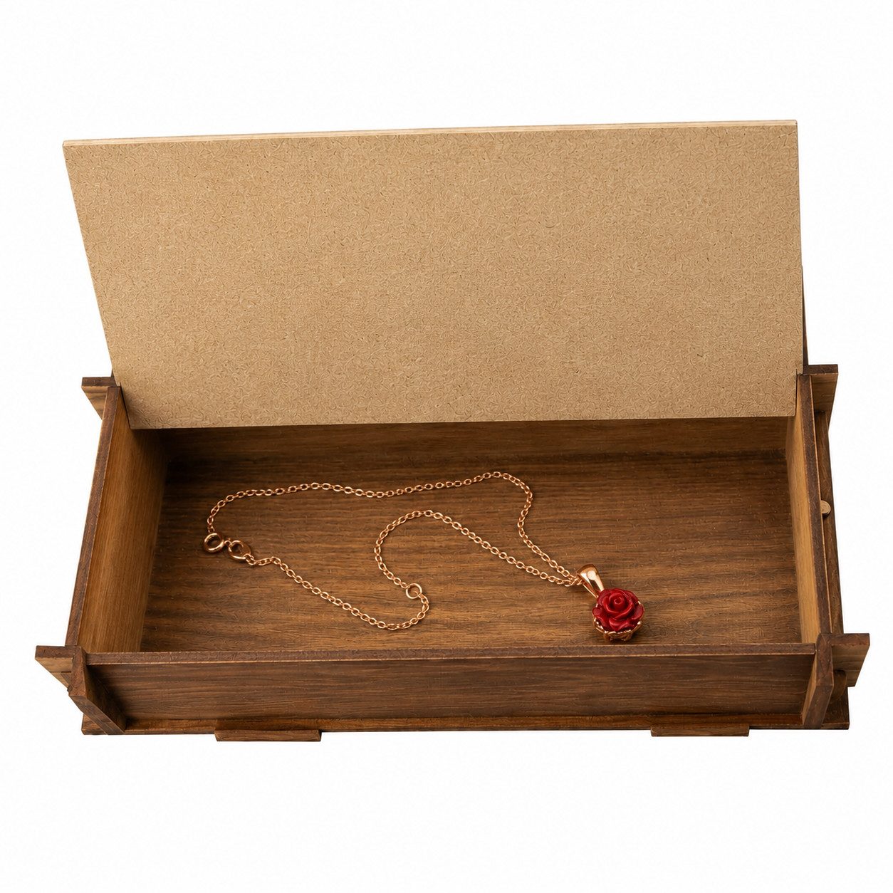 Jungengel Kette mit Einhänger Damen Halskette Rosen Anhänger Rot Roségold Blumenkette Schmuck (Halskette mit Rosen-Anhänger inklusive Holzbox), 3D-Rosenanhänger – Bild 3 von 3