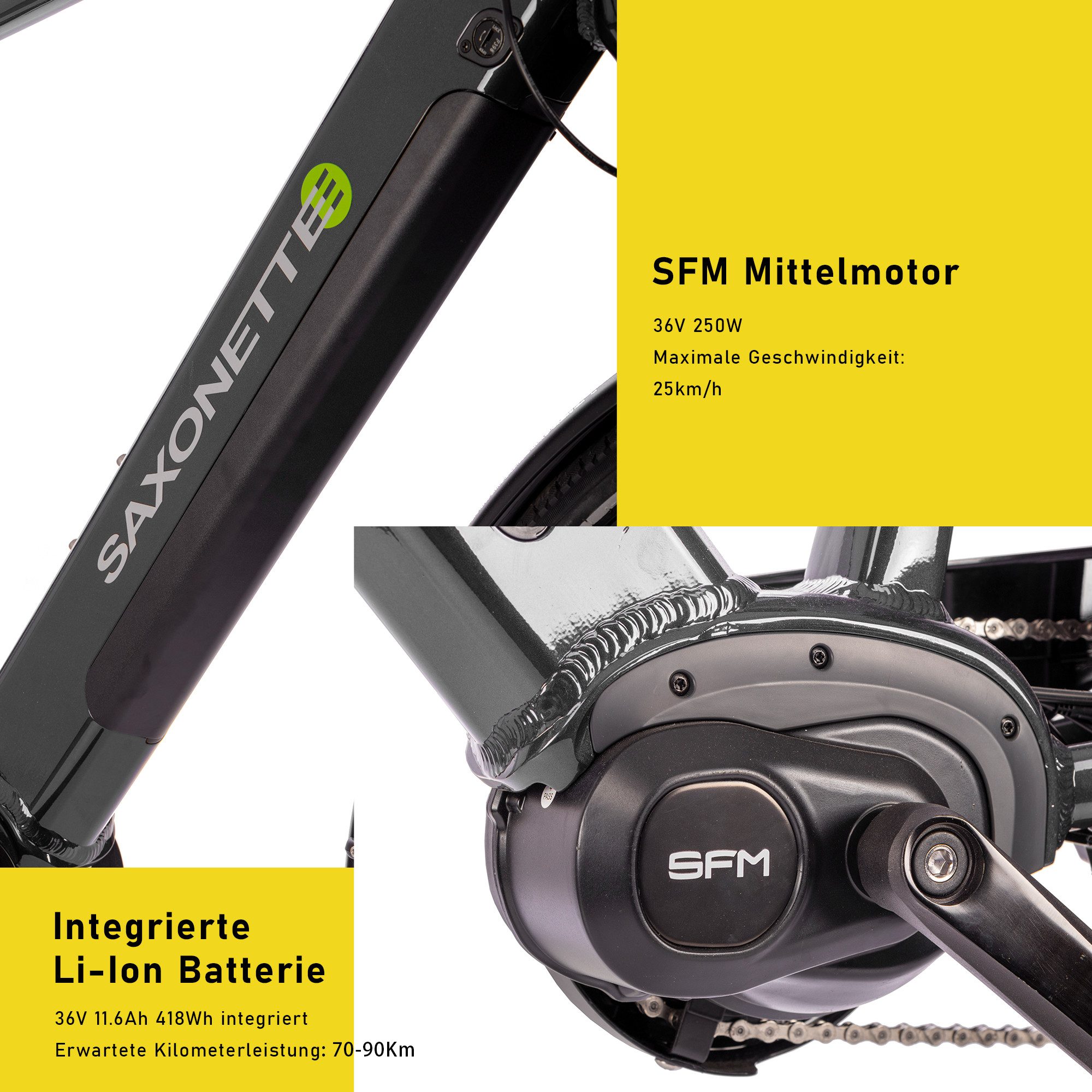 SAXONETTE E-Bike Cityrad Deluxe Sport TRAPEZ, 9 Gang Shimano Alivio Schaltwerk, Kettenschaltung, Mittelmotor, 418 Wh, (mit integr. Akku), Elektrofahrrad für Alltag und Einkauf