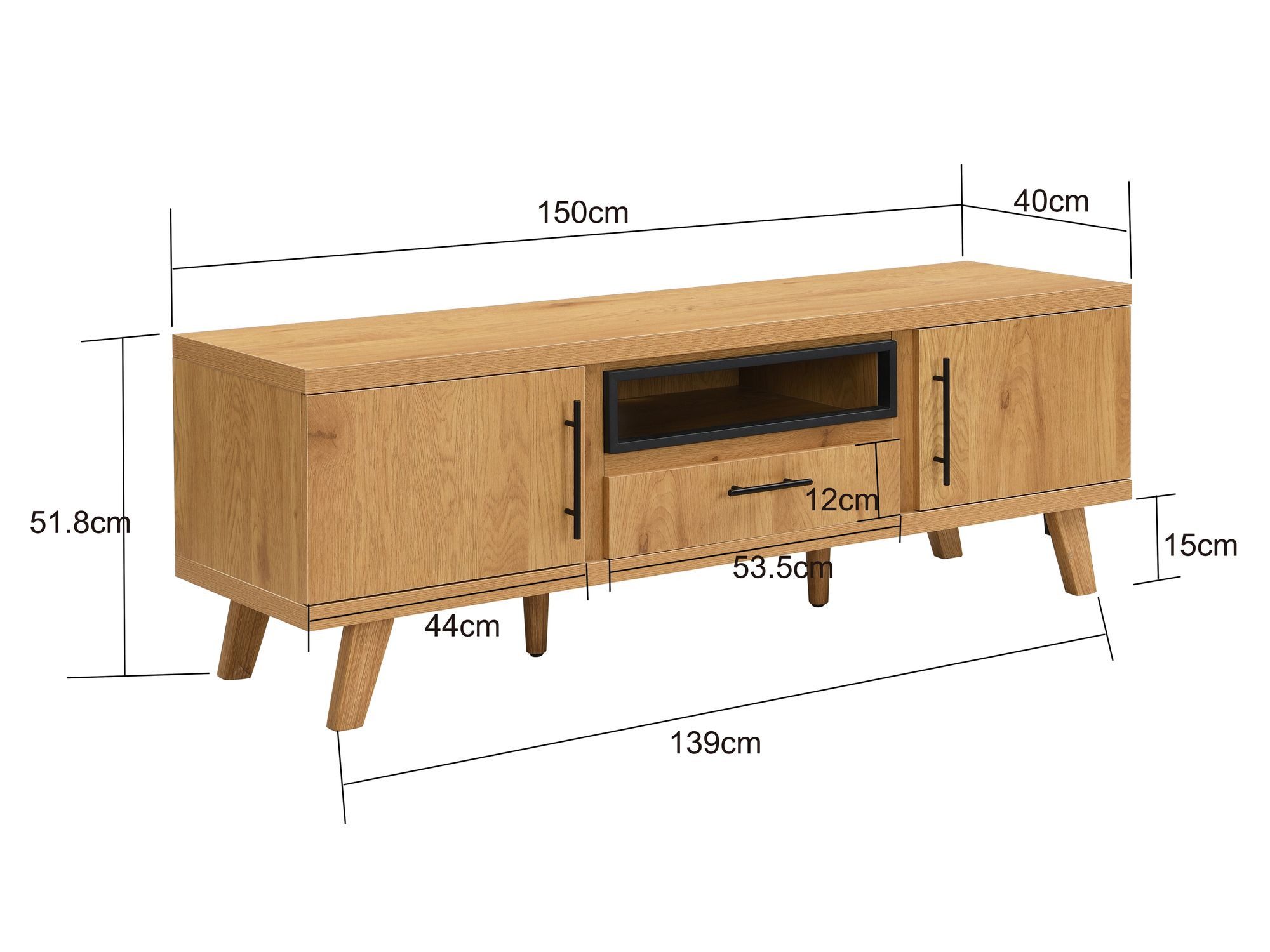 FINEBUY Lowboard FB117896 TV-Board Fernsehschrank Fernsehkommode in Eiche Dekor 150cm (Praktische TV-Anrichte mit Kabeldurchlass), Viel Stauraum dank verschiedenen Fächern