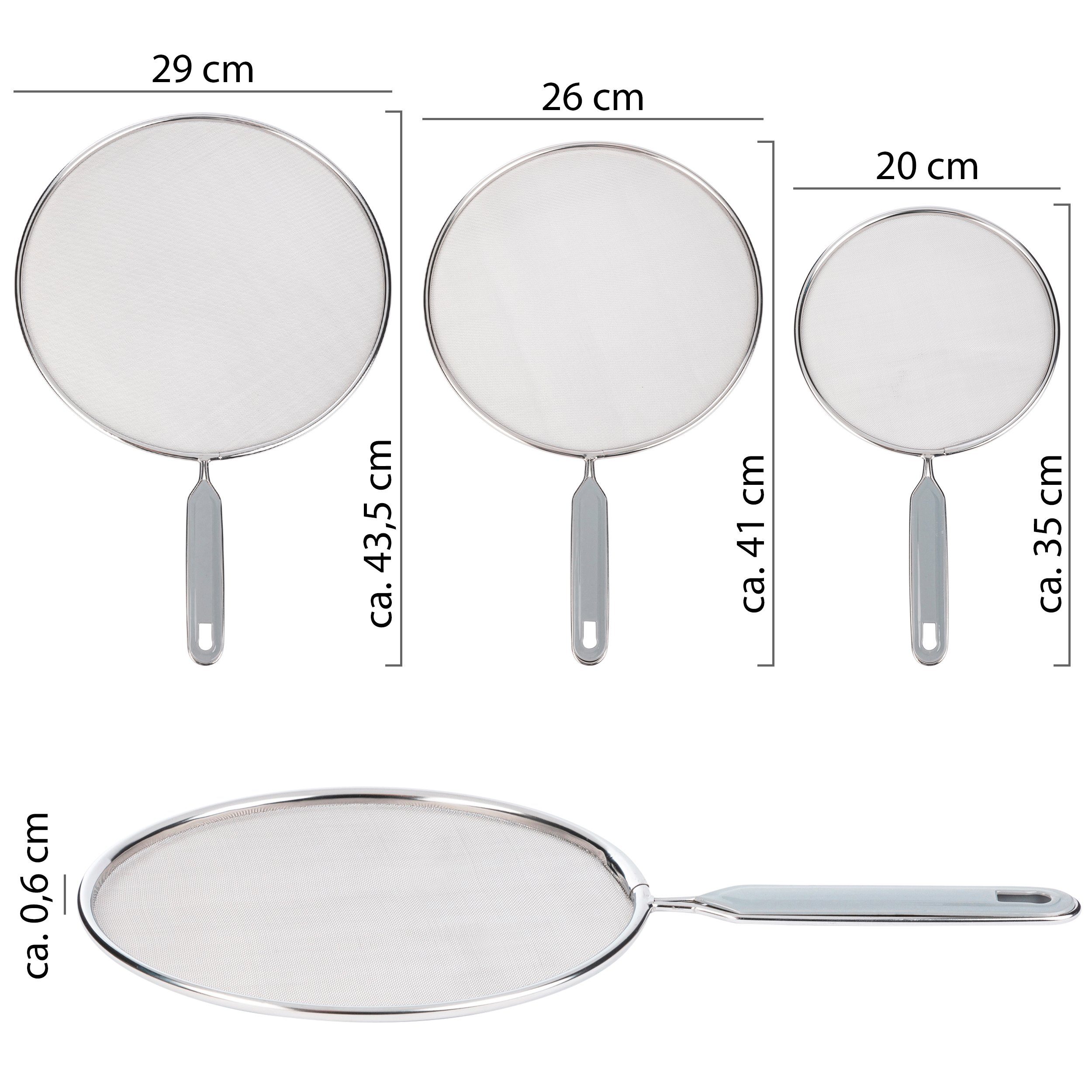 ONVAYA Bratpfanne Pfannenspritzschutz, 3-tlg. Set, ∅ 20 - 29 cm, rostfreier Edelstahl, rostfreiem Edelstahl mit Kunststoffgriff (3-tlg) – Bild 2 von 5