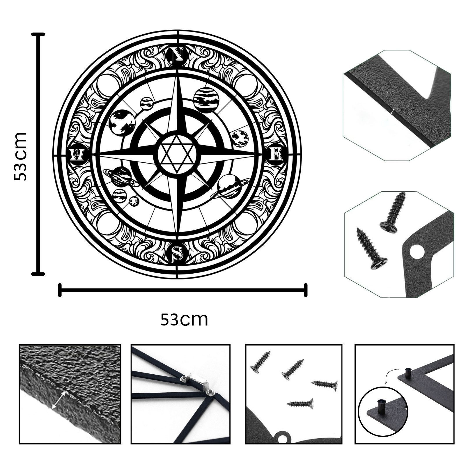 Jumpeak Wanddekoobjekt Metall Wandkunst Kompass Planeten Design Vintage Industrielle Wanddeko, Wanddekoration mit Kompass&Planeten,für Wohnzimmer&Schlafzimmer,53*53