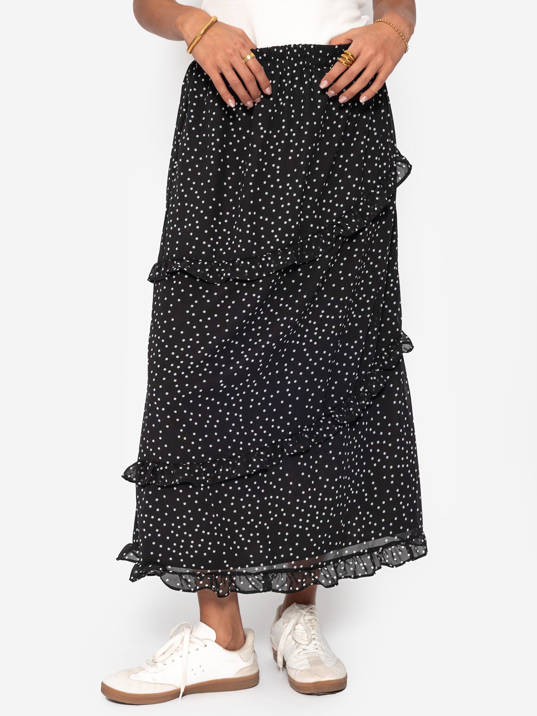 SASSYCLASSY Midirock Gepunkteter langer Chiffon Rock für Damen Fließender Midi Rock mit Pünktchenmuster und Volants Schwarz