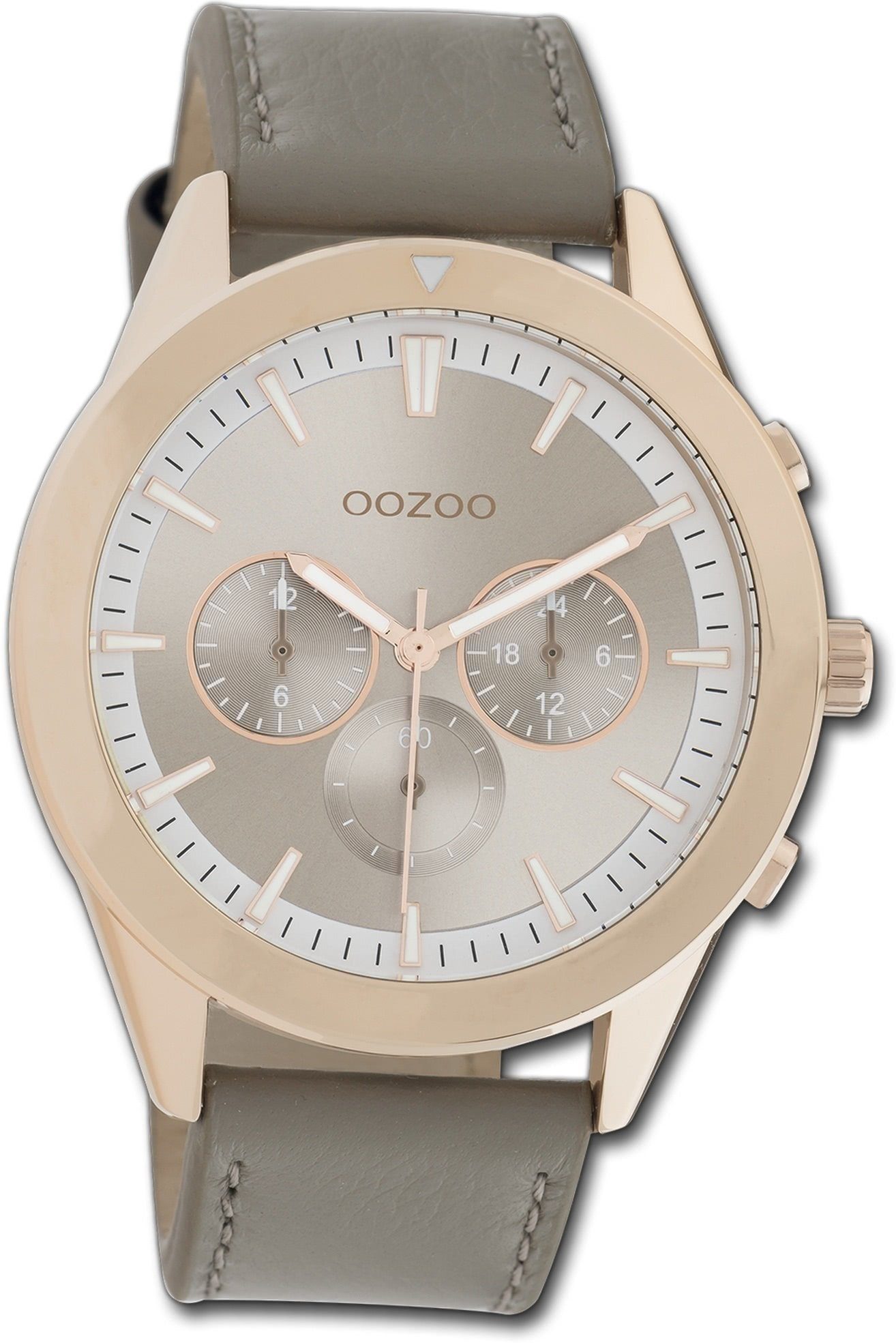 OOZOO Quarzuhr Oozoo Damen Armbanduhr Timepieces, Damenuhr Lederarmband grau, rundes Gehäuse, groß (ca. 45mm) | Quarzuhren