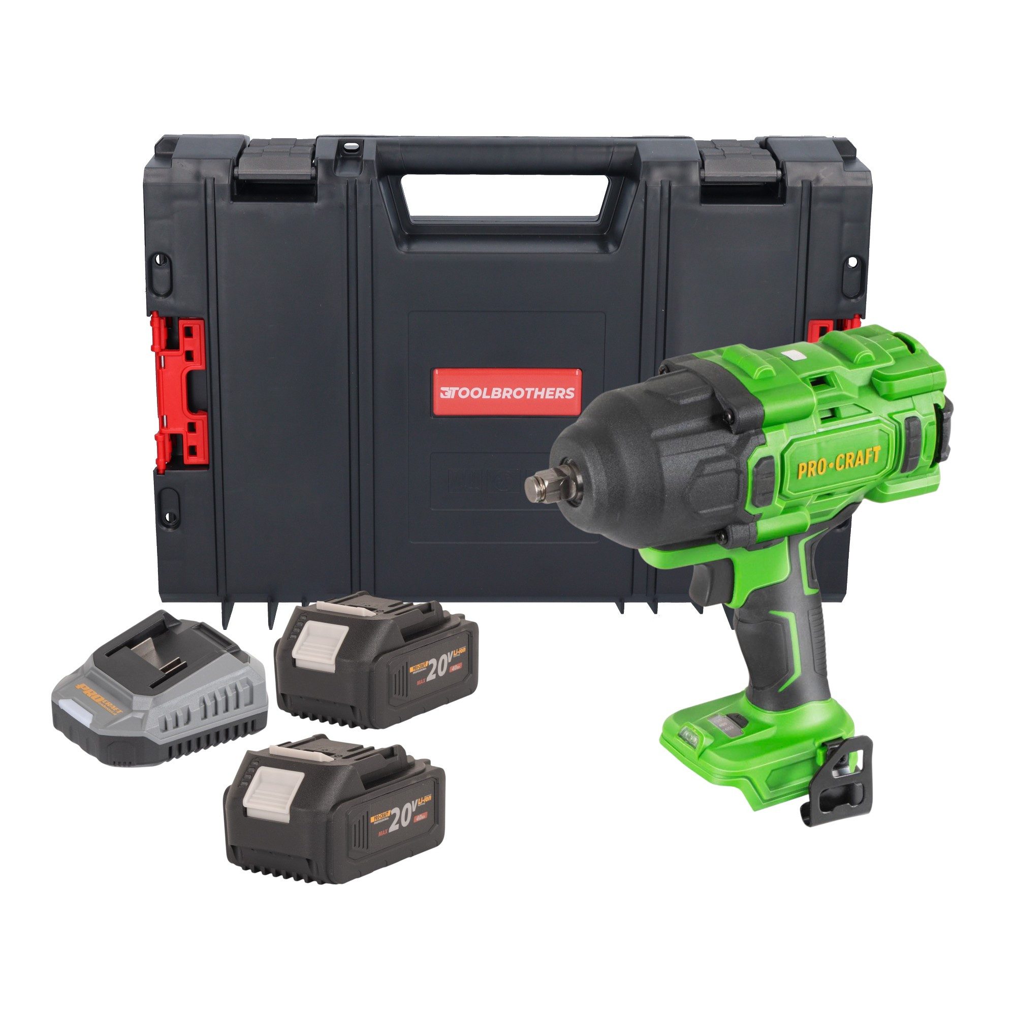 PRO CRAFT Akku-Schlagschrauber PWA80bb 20 V 1600 Nm + 2x Akku 4,0Ah + Ladegerät + RHINO Toolcase