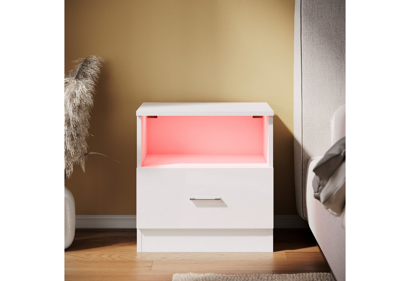 SONNI Nachtkonsole Nachttisch mit led beleuchtung,schublade 45x35xH46.5cm, Nachtkommode weiss hochglanz, 45cm breit