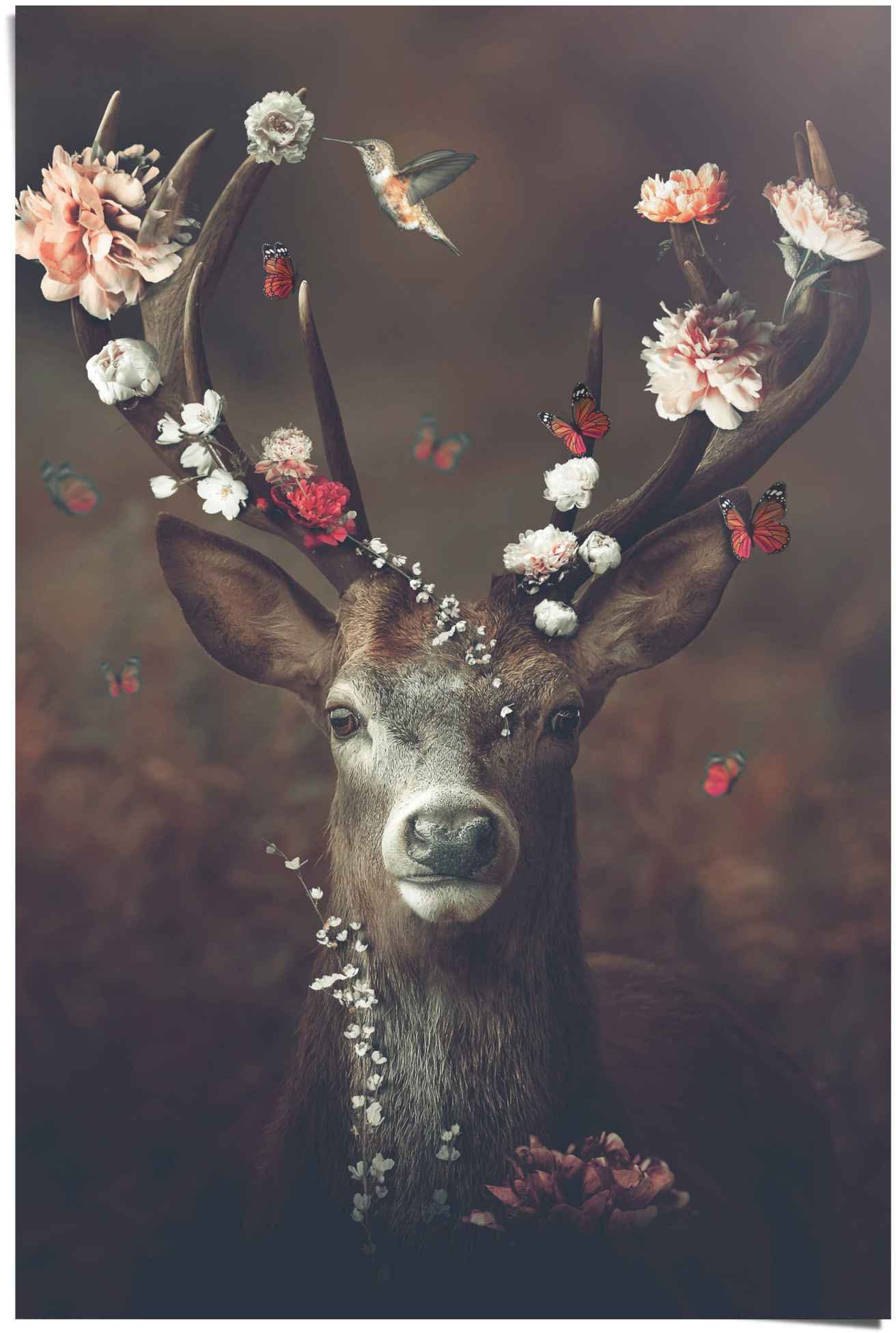 St) Reinders! Poster Hirsch (1 Kolibri Hirschbilder, - Schmetterling Tiere - - Blumenkranz, Romantisch