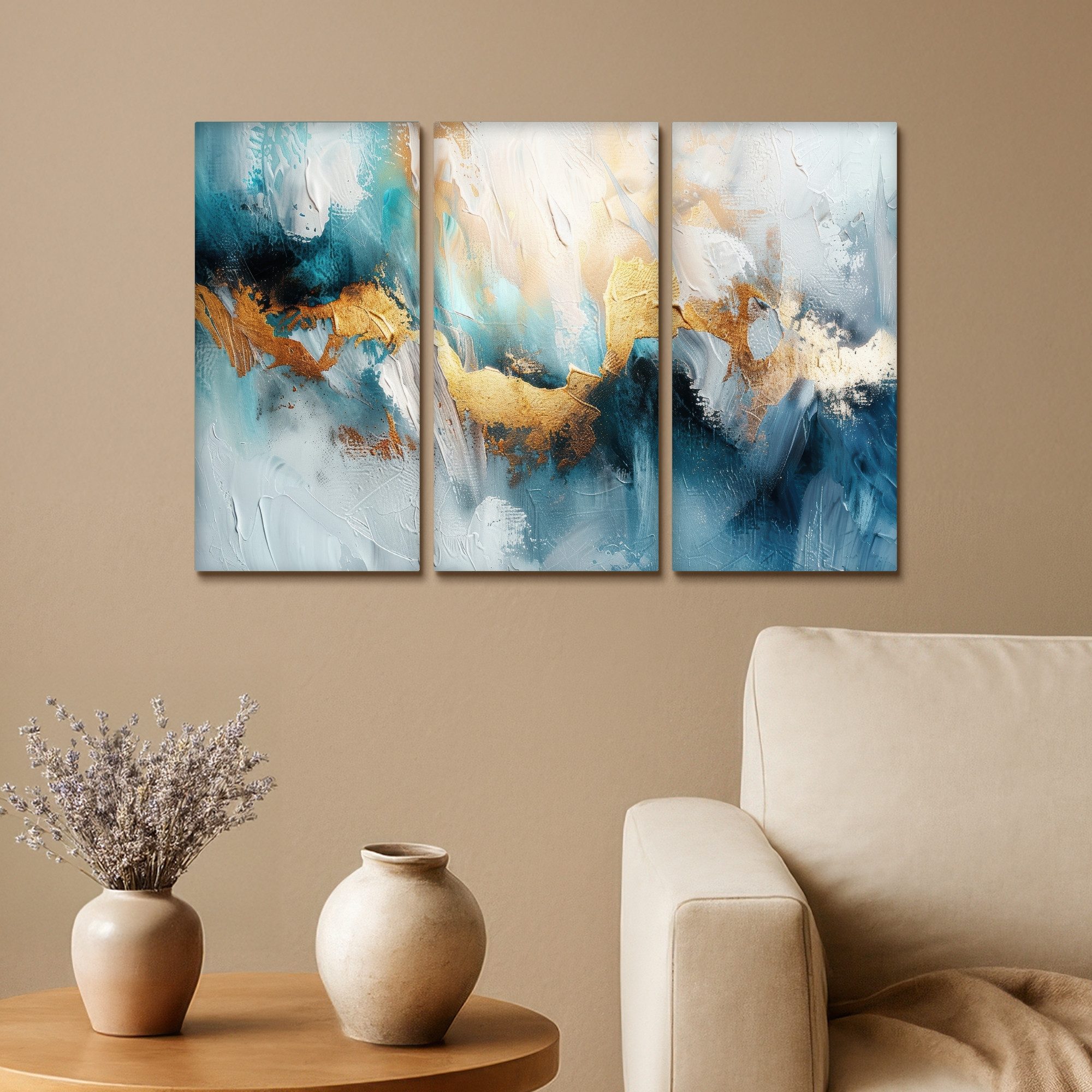 MuchoWow Leinwandbild Blau - Abstrakt - Weiß - Gold - Farbe, Fotodruck (3 St), Wand Bilder 3 Set, Deko Schlafzimmer Wohnzimmer Flur 60x40 cm – Bild 2 von 5
