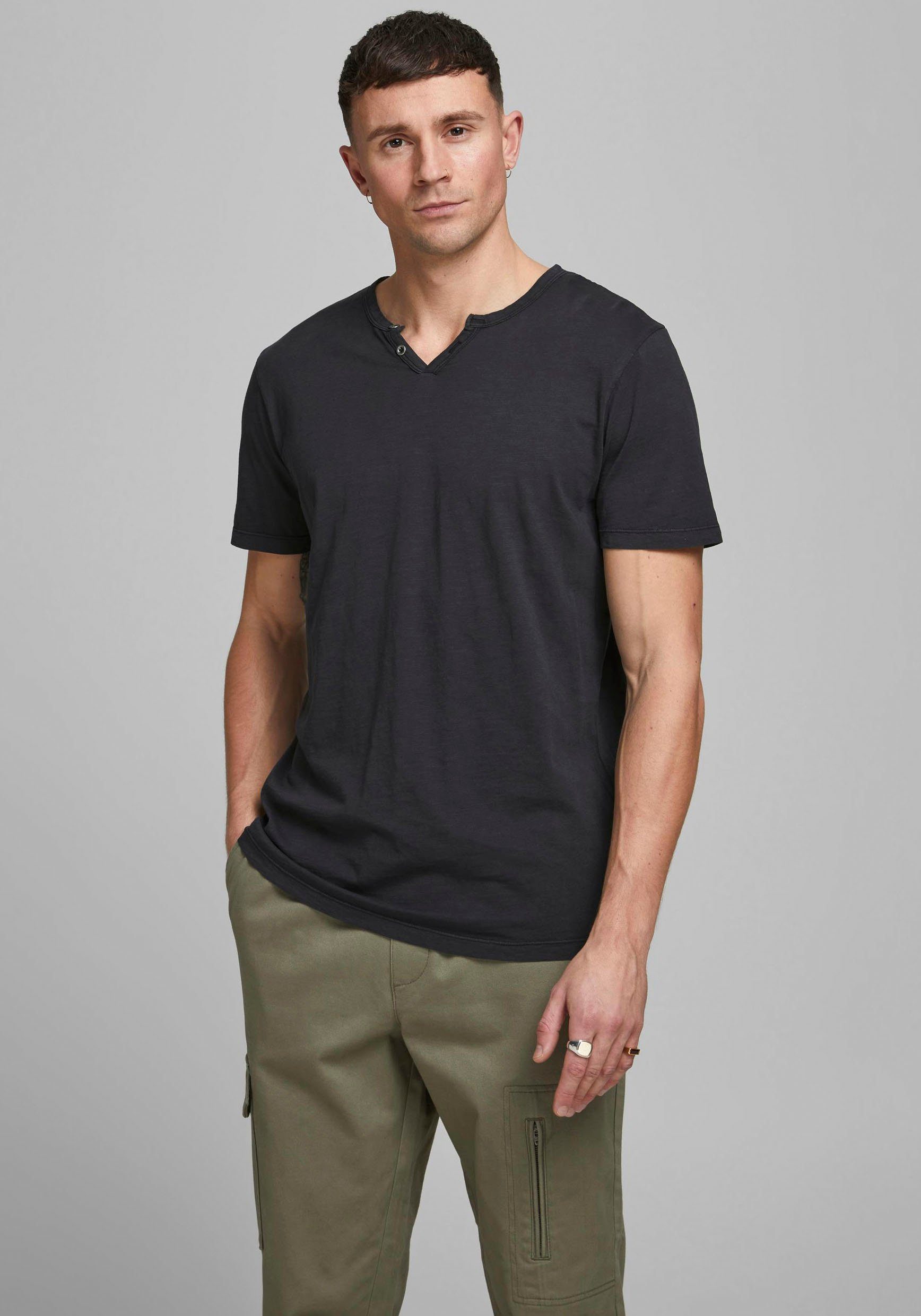 Jack & Jones T-Shirt SPLIT NECK TEE schwarz