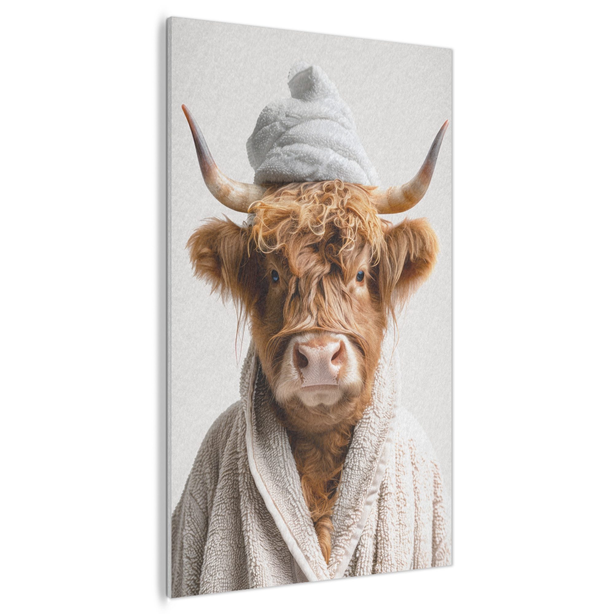 MuchoWow Gemälde Schottischer Highlander - Bademantel - Kuh - Tiere, Fotodruck (1 St), Akustikpaneele PET-Filz, Akustikbild, Schalldämmung, Deko 90x140 cm