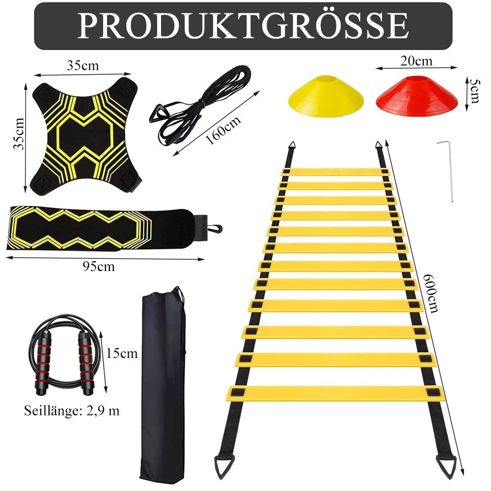 AFKSMILE Koordinationsleiter Fussball Trainingszubehör, Koordinationsleiter fußball Trainingsset (20-St), 6m Koordinationsleiter, 12 Hütchen, Fußballtrainer und Springseil