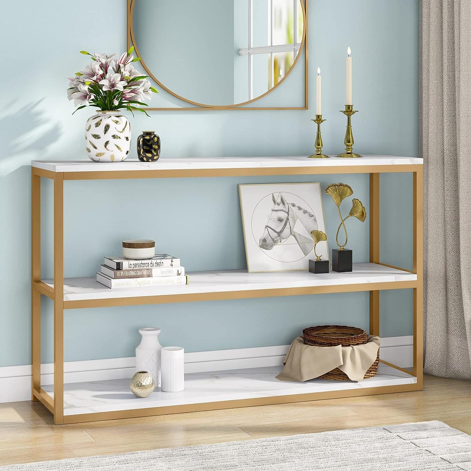 Tribesigns Konsolentisch Tribesigns 3-Tier Console Table: Gold, Faux Marble Top, Metal Frame.