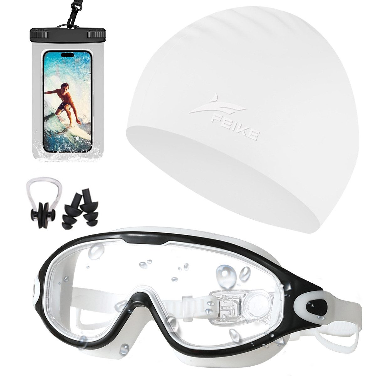 ZEUOPQ Schwimm-Hijab Schwimmbrille Anti Fog mit Badekappe,wasserdichte Tasche Erwachsene (set: wasserdichte Brille Ohrstöpsel Nasenklammer wasserdichte Tasche), Für Freizeitschwimmen Schwimmunterricht Poolpartys Synchronschwimmen