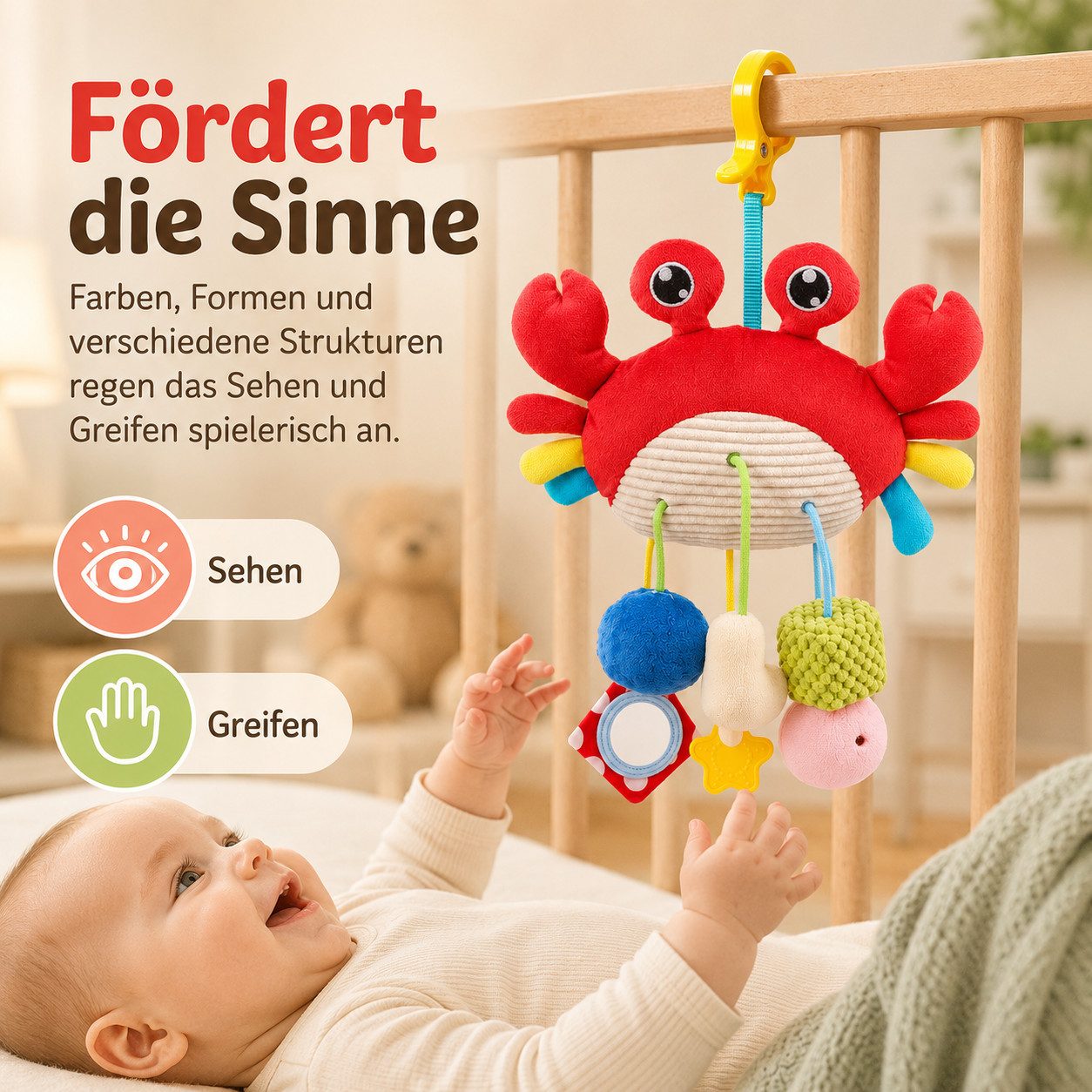 Luckice Mobile Krabben-Babyspielzeug zum Aufhängen, (Kinderwagen-Anhänger mit Clip, Rassel, Spiegel, Beißring und Knisterelementen, ca. 45 cm, Rot)