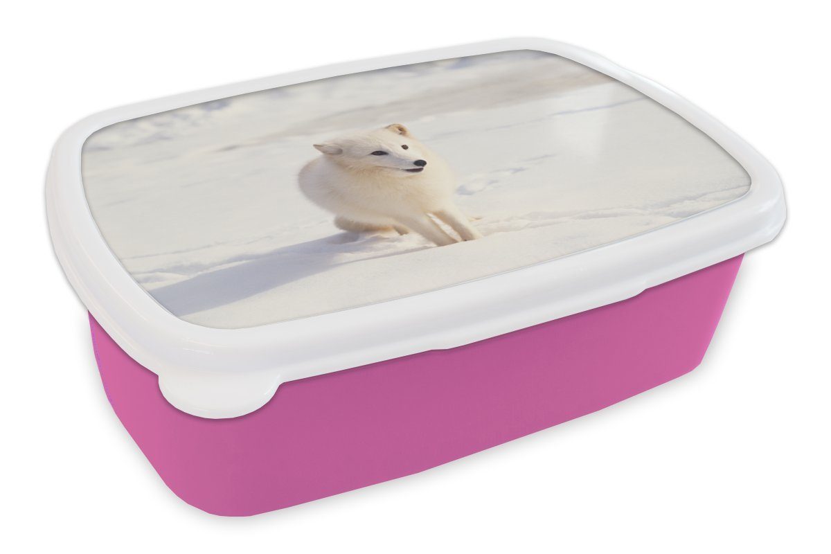 MuchoWow Lunchbox Fuchs - Mädchen, Snackbox, Weiß, Erwachsene, Brotdose - Brotbox Kunststoff, Kinder, Schnee Kunststoff rosa (2-tlg), für