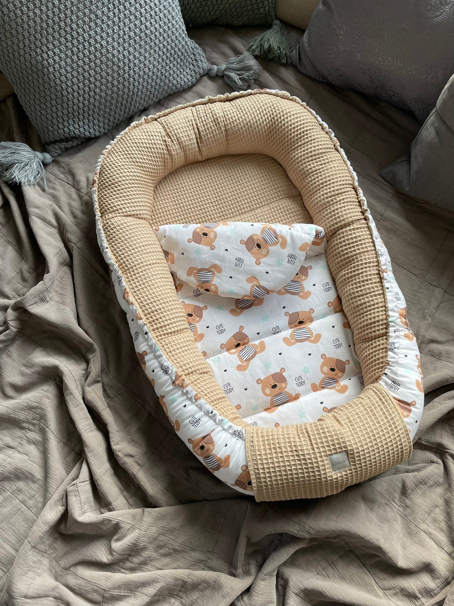 Loolay Bettnestchen TAUPE WAFFELPIQUE Braun TEDDY Baumwolle BABYNEST Babyko günstig online kaufen