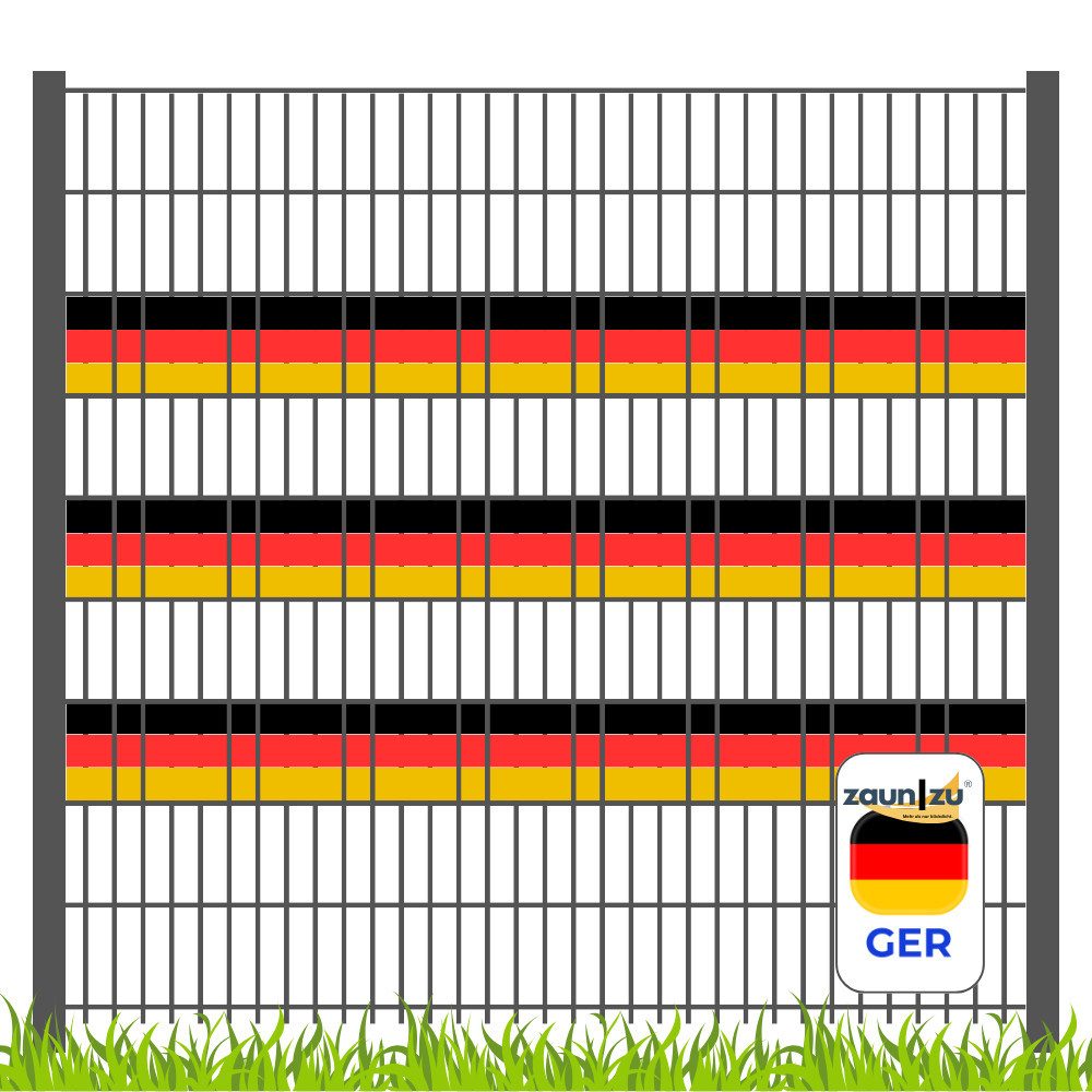 zaunzu Sichtschutzstreifen WM 2026 Deutschland für Doppelstabmatten Akzentstreifen 3 für 2, (1 Fan Set, PP Laserstreifen Zaun), Deutschland Landesfarbe