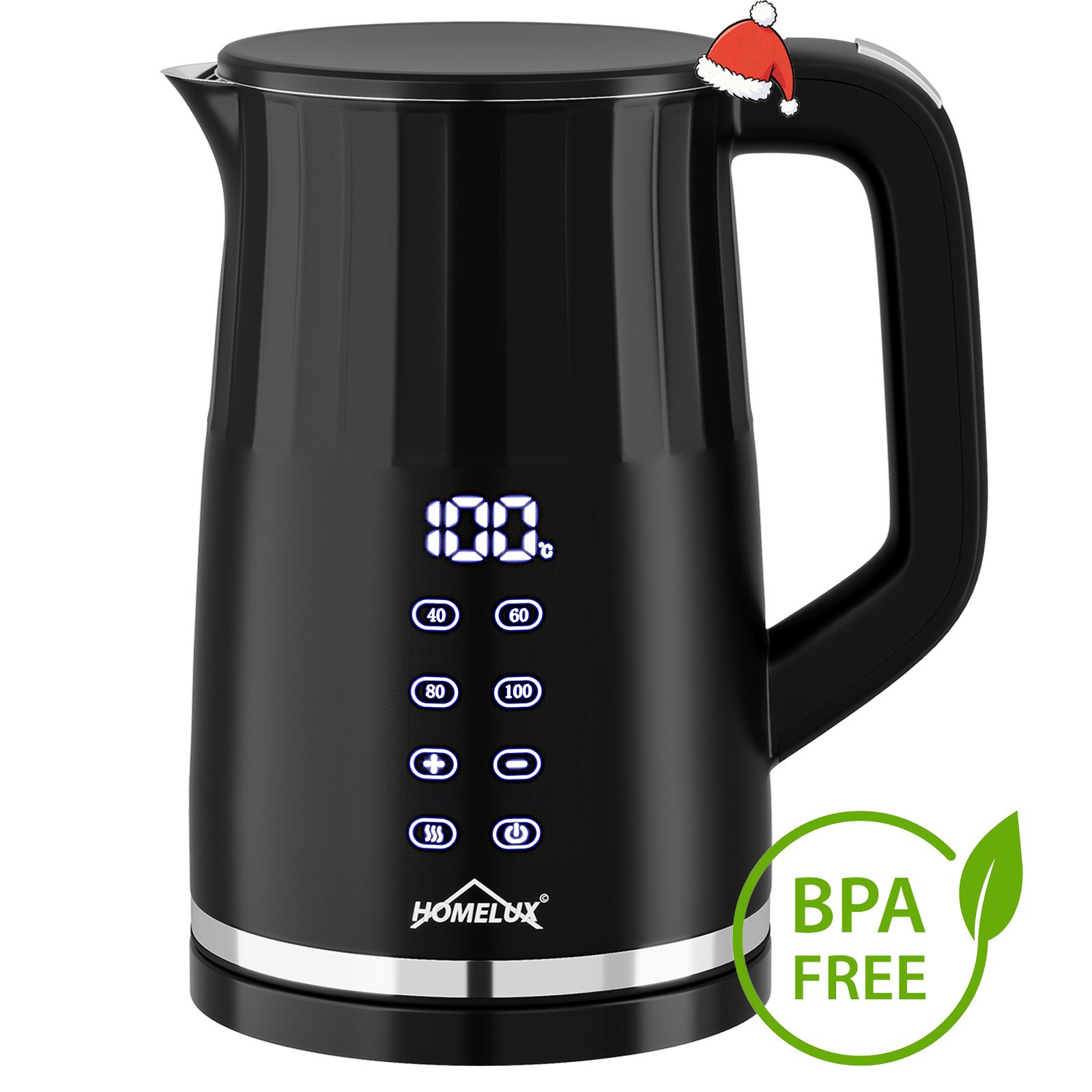 HOMELUX Wasserkocher Edelstahl 1.7L Temperatureinstellung Warmhaltefunktion, Doppelwand, 1.7 l, 2200 W, Großes Display mit Temperaturvorwahl 2Std Isolierung BPA-Frei